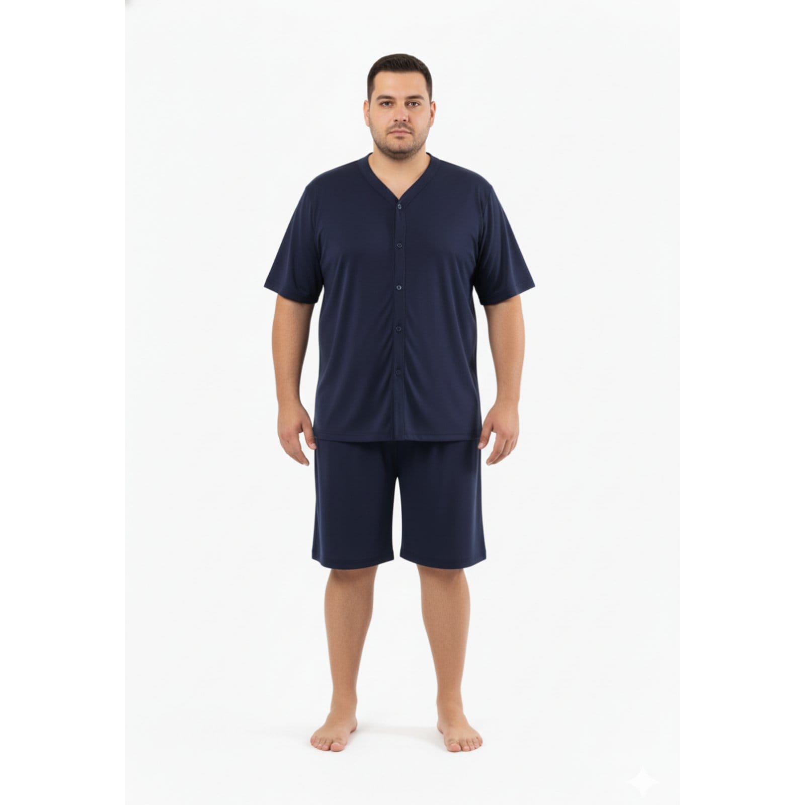 Pijama Americano Curto Masculino Aberto Plus Size Adulto Verão Calor Malha Fria Manga Curta G1 G2 G3 G4 48 50 54 Conforto Botão Abotoado Homen Mechler Marinho