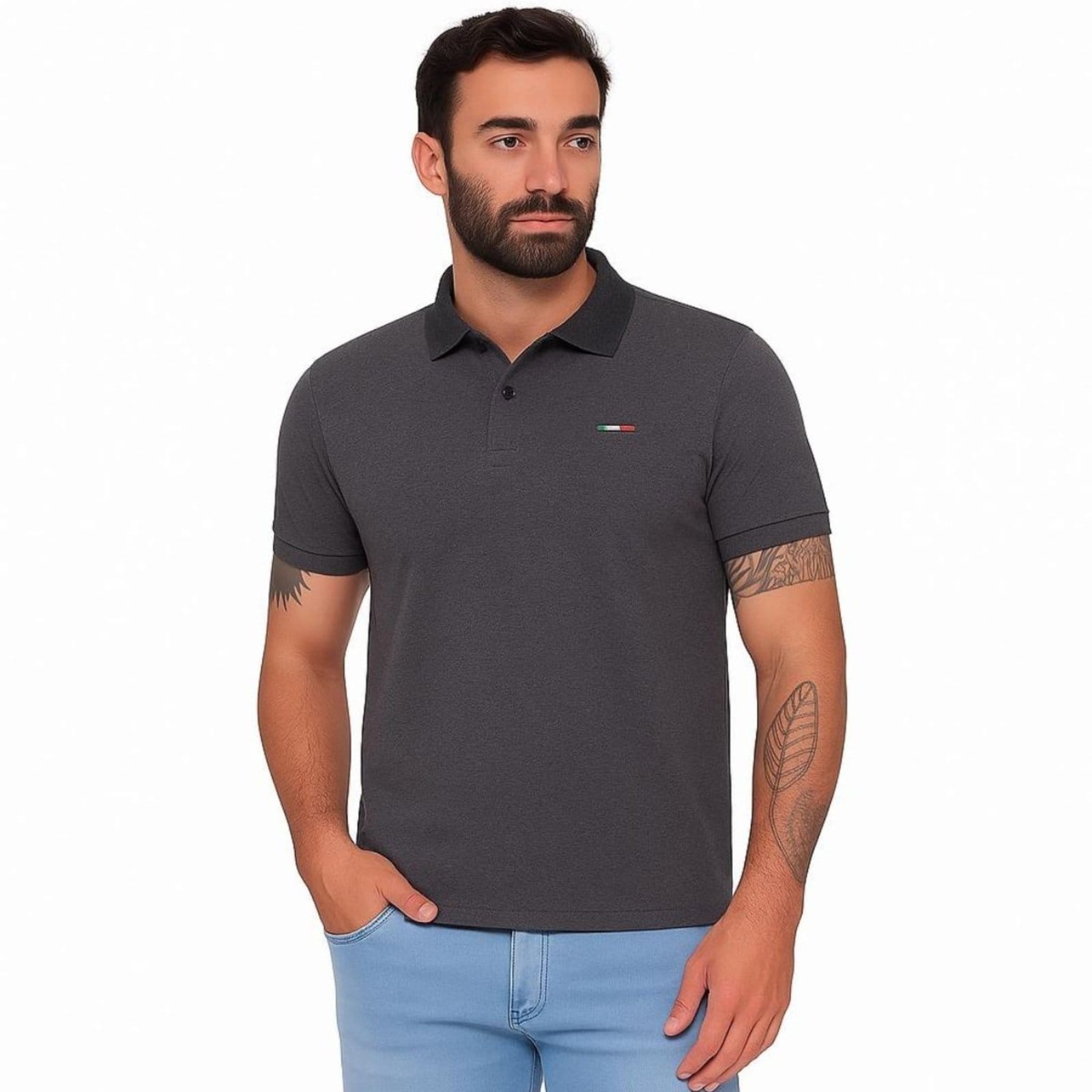 Camisa Polo FMF Masculina Básica Industrie Piquet no Estilo Tommy Bordado Itália Chumbo