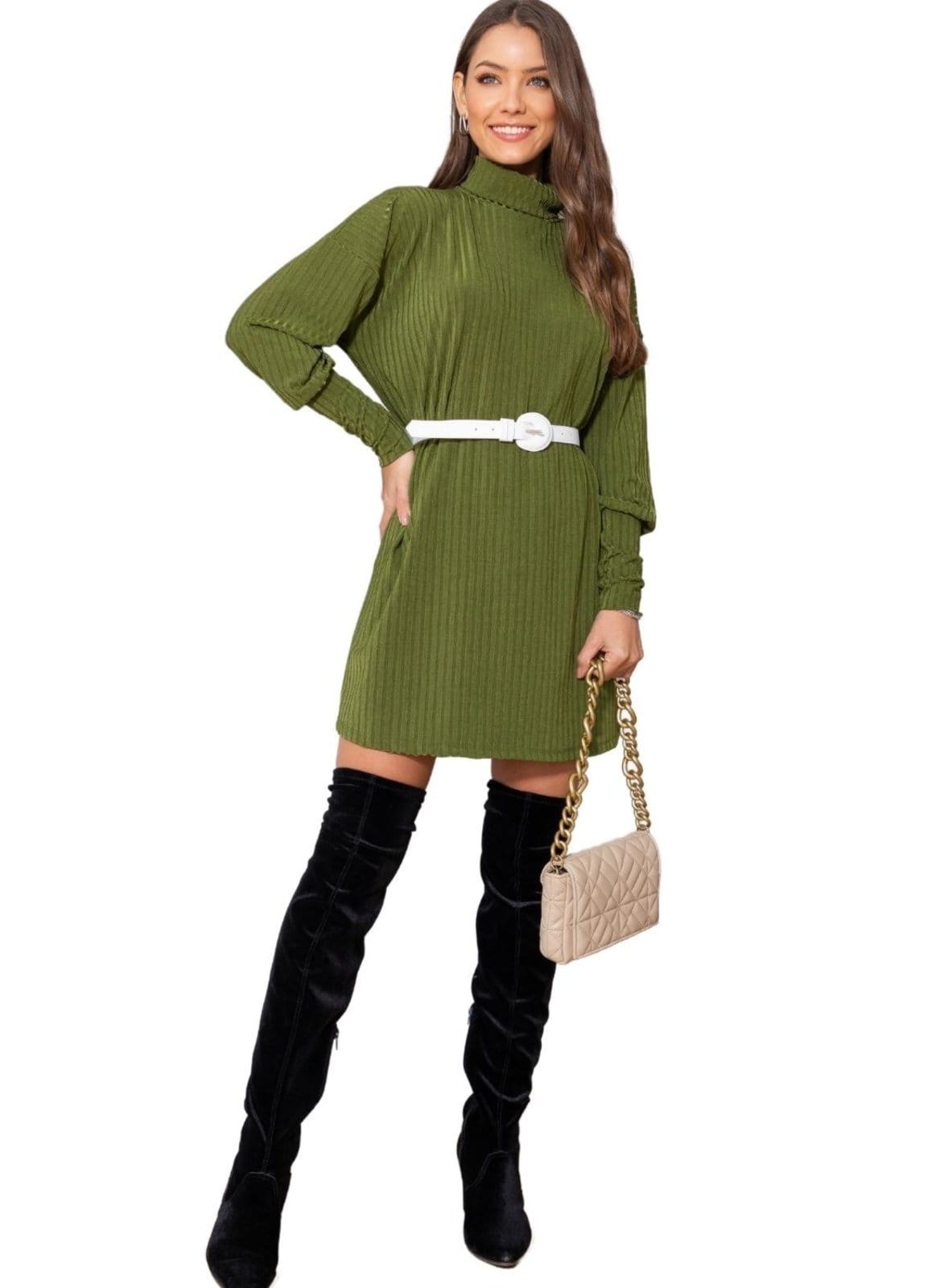 Vista 2 Vestido Curto Manga Longa Gola Alta Canelado Premium Cia do Vestido verde/verde militar/verde oliva verde