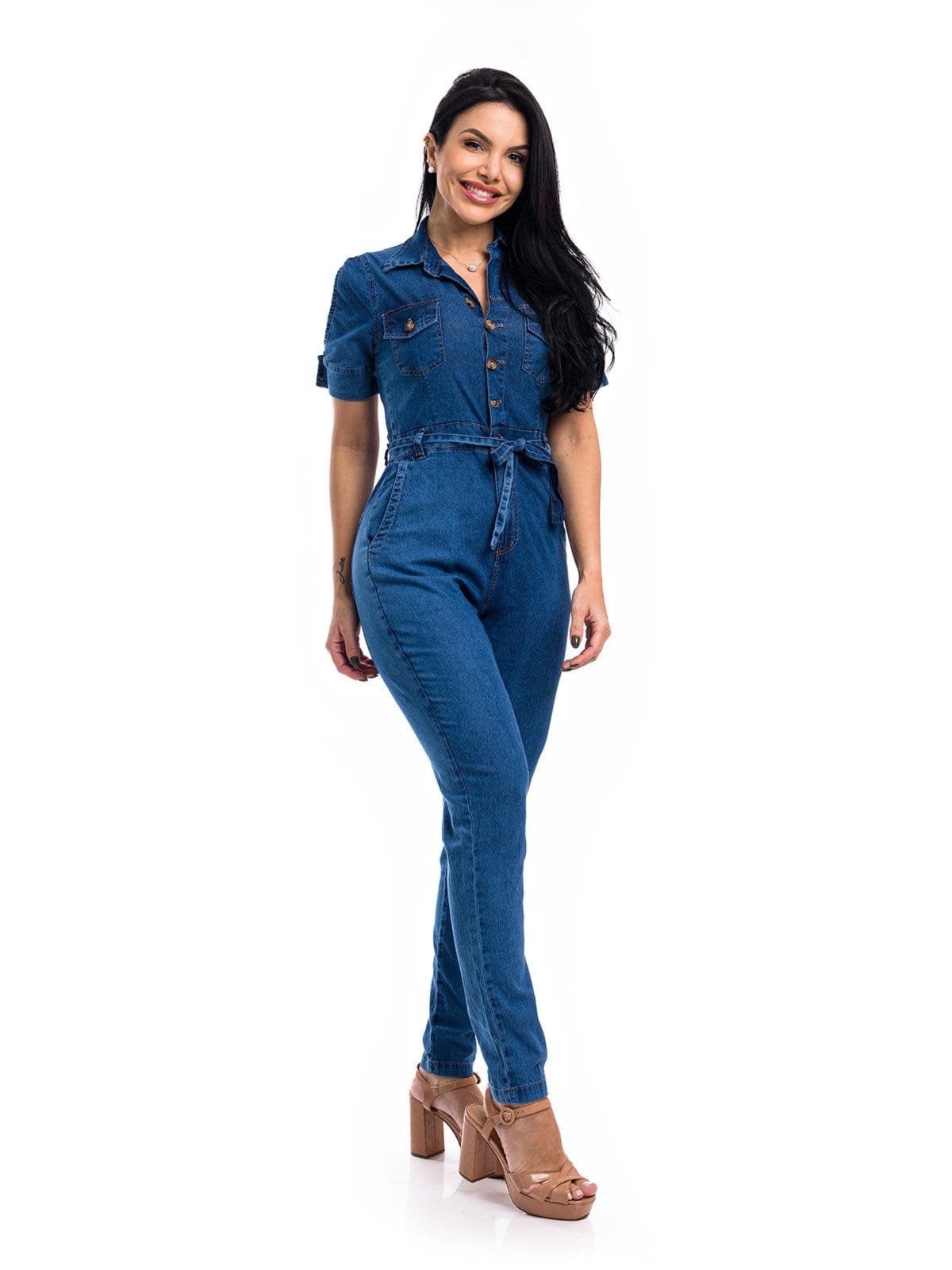 Vista 2 Macacão Jeans Restrito Jeans Com Mangas e Elastano Restrito Jeans azul