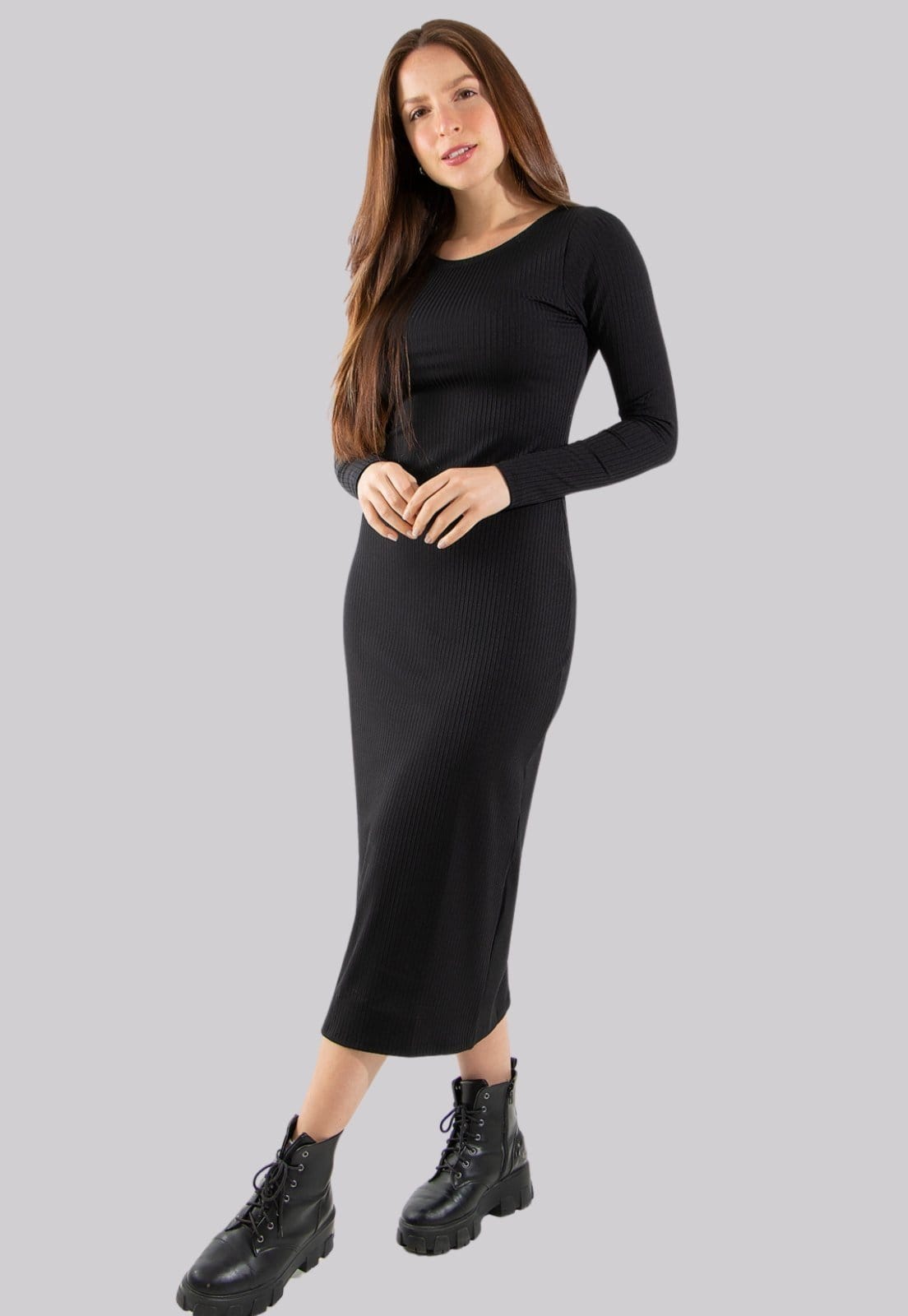 Vista principal Vestido Midi Manga Longa Ribana Rioutlet preto