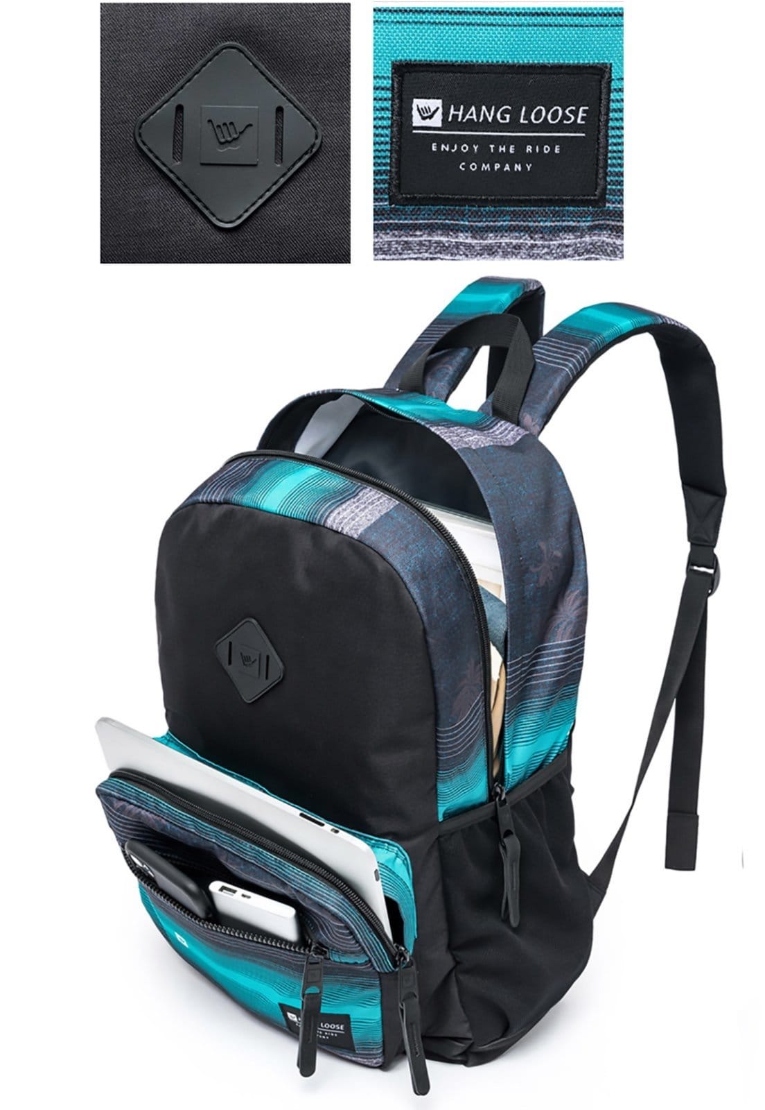 Vista 2 Kit Mochila Masculina+Estojo Espaçosa e Reforçada Escolar Hang Loose preto