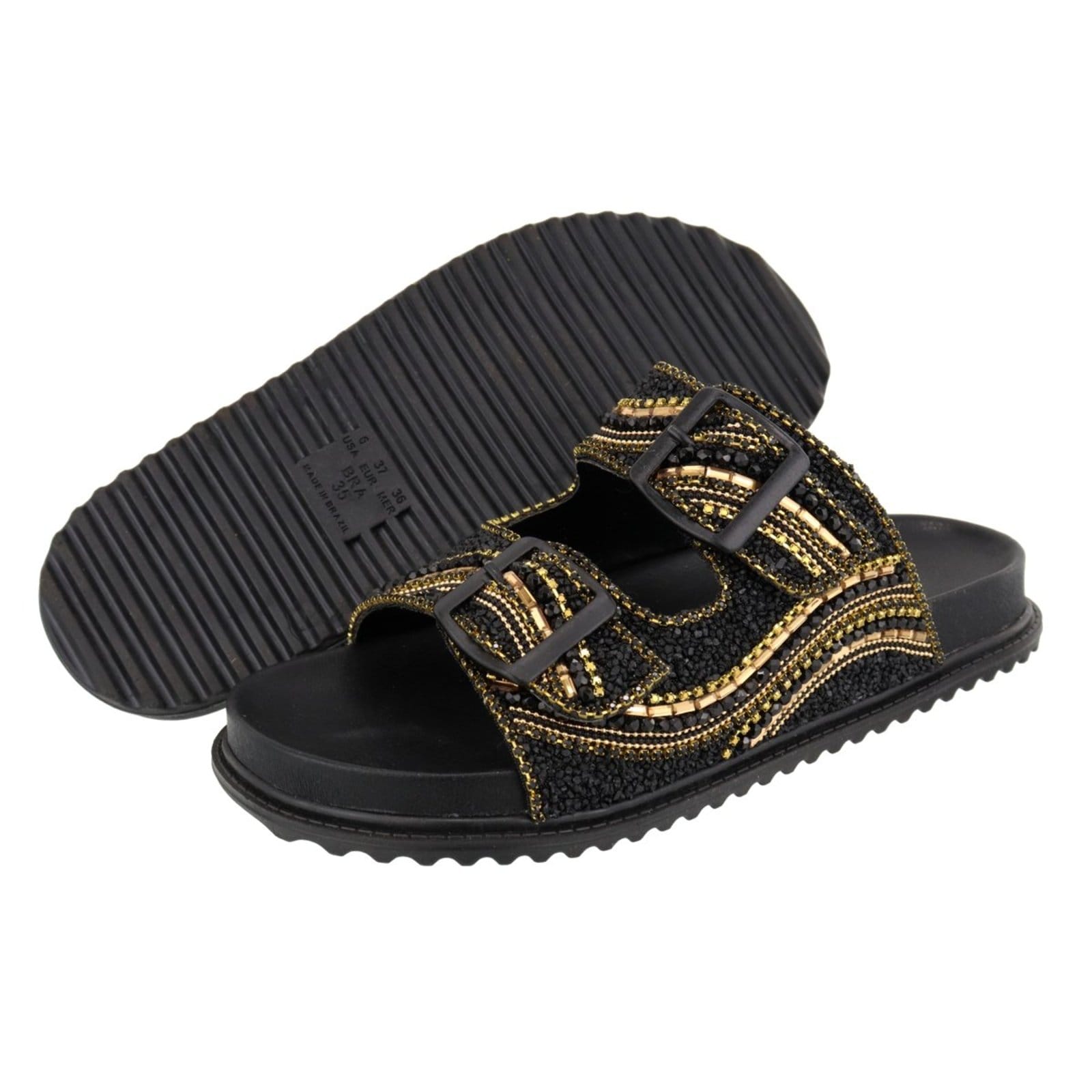 Vista 2 Sandalia Papete Rasteira Strass Pedraria Brilho Cristais Lançamento Preta TELLINI STORE preto