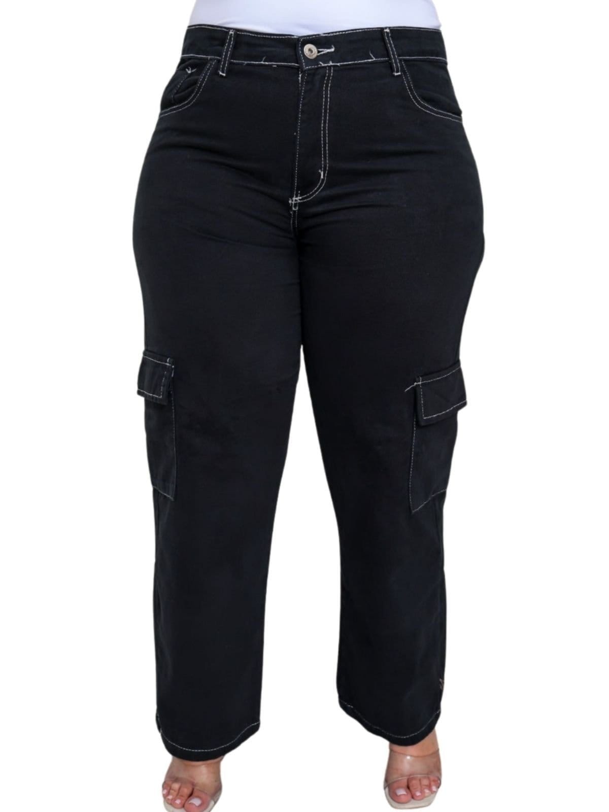 Calça Cargo Feminina Plus Size Preta Sarja com Costura Branca