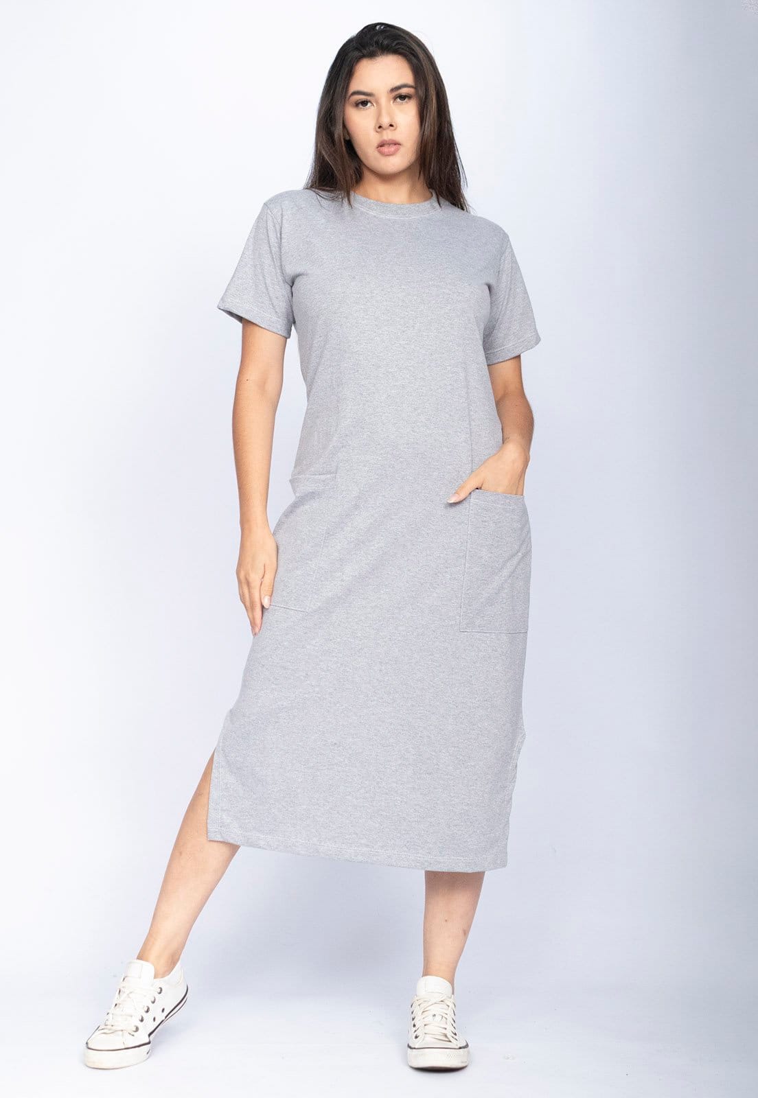 Vestido Cabanafree Midi Easy Algodão Manga Curta Mescla