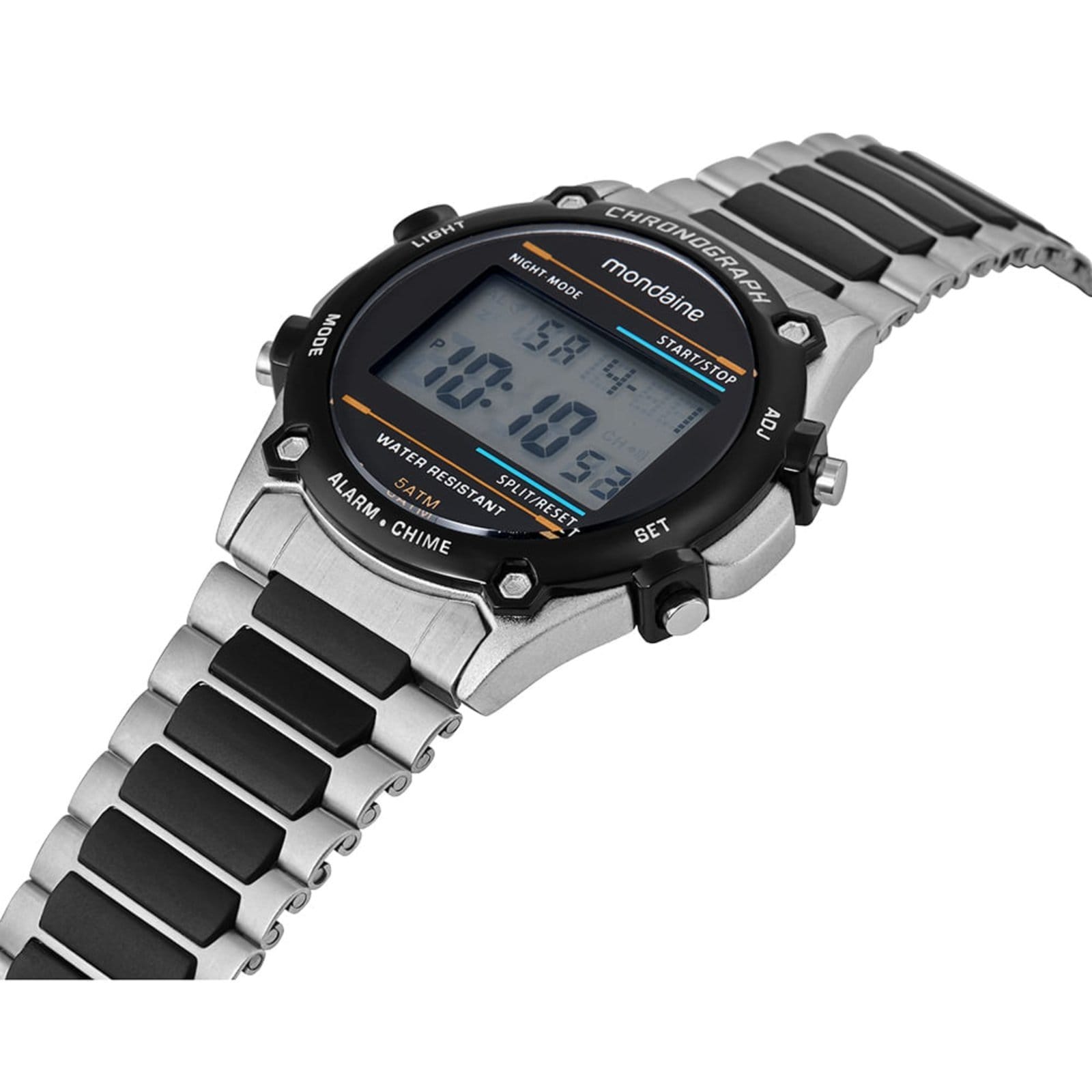 Vista 2 Relógio Masculino Cronógrafo Digital Detalhes Preto Mondaine prata
