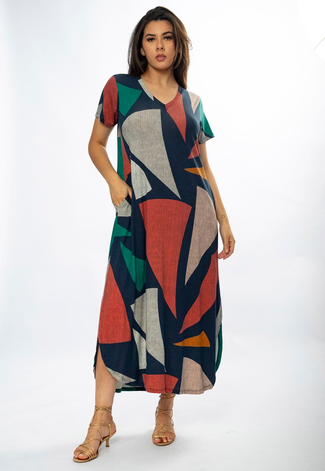 Vista 2 Vestido Amazônia Vital Midi Abapã Malha com Bolso Estampa Geometrias do Tempo Amazonia Vital azul marinho/cinza/estampado/laranja/verde