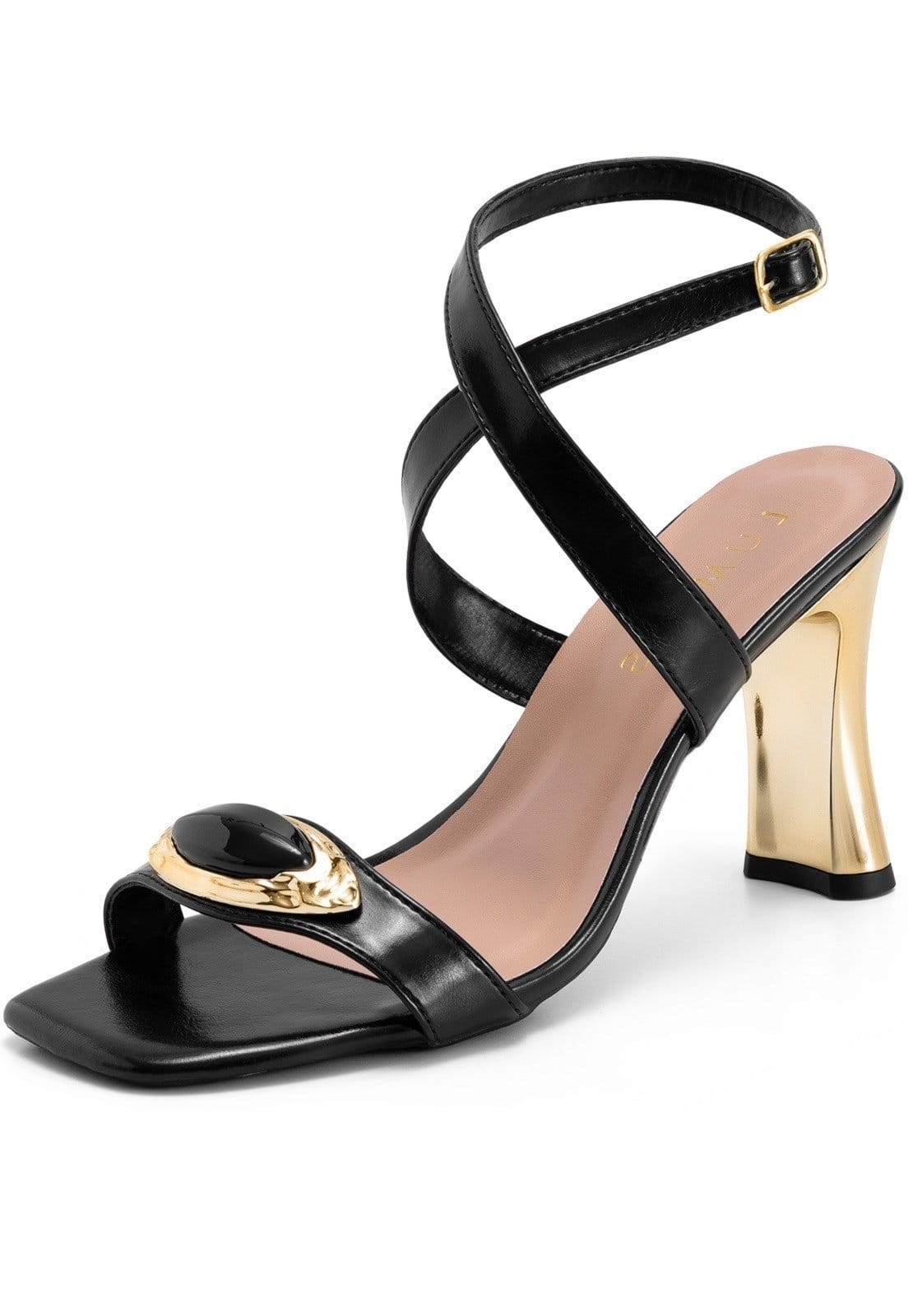 Sandália Feminina Lumiss Salto Alto Bloco Metalizado Dourado Enfeite Pedra Blogueira