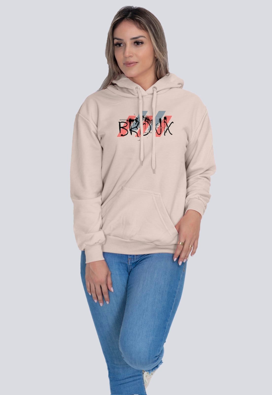 Vista 2 Moletom Feminino Flanelado Blusa de Frio Casual Bronx Lucas Lunny bege