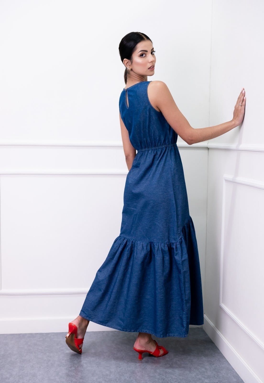 Vista 2 Vestido Longo Sisal Jeans Regata com Babado Sisal Jeans azul