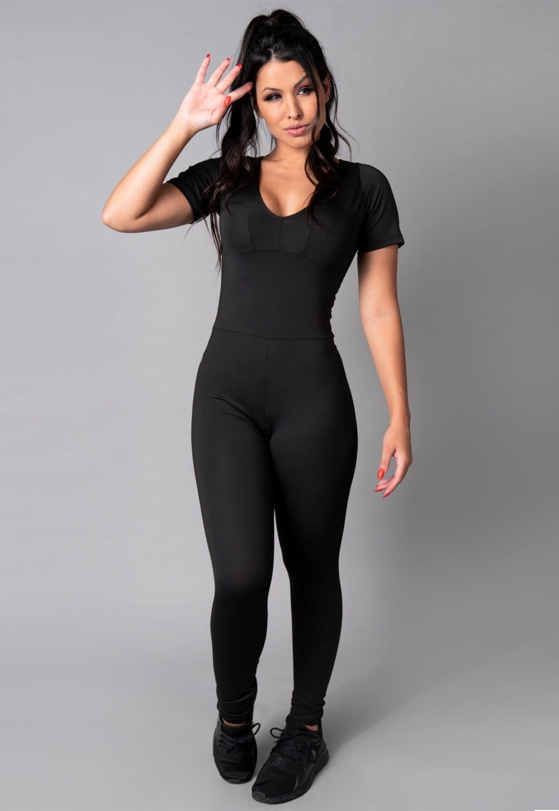 Macacão MVB Modas Longo Feminino Manga Curta Fitness Suplex