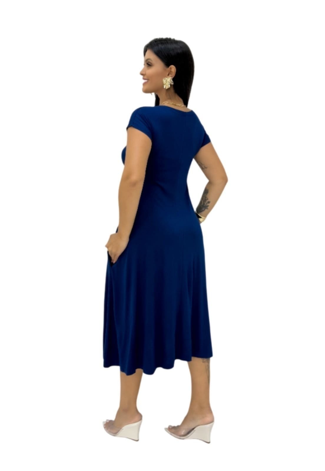 Vista 2 Vestido Viscolycra Maria Paes Azul Midi Maria Paes azul marinho