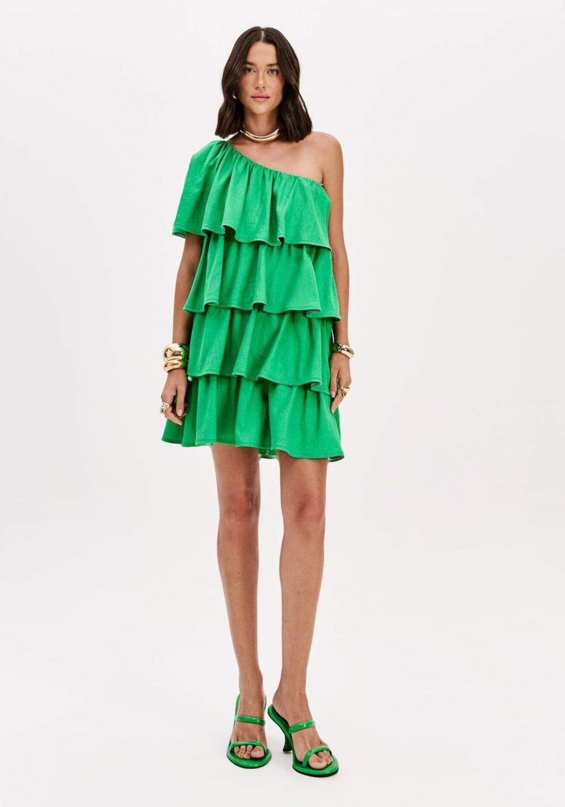 Vestido Curto Ombro Único Com Linho