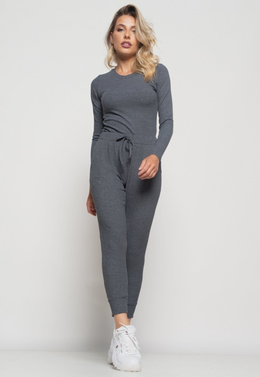 Vista 2 Blusa Salvatore Básica Manga Longa e Gola Redonda Canelada Salvatore Fashion grafite