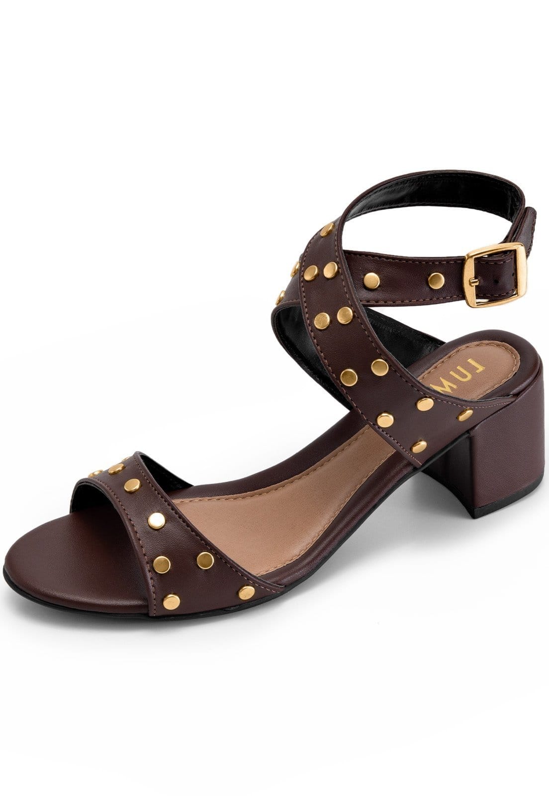 Sandália Feminina Lumiss Salto Baixo Bloco Confortável Bico Redondo Tachas