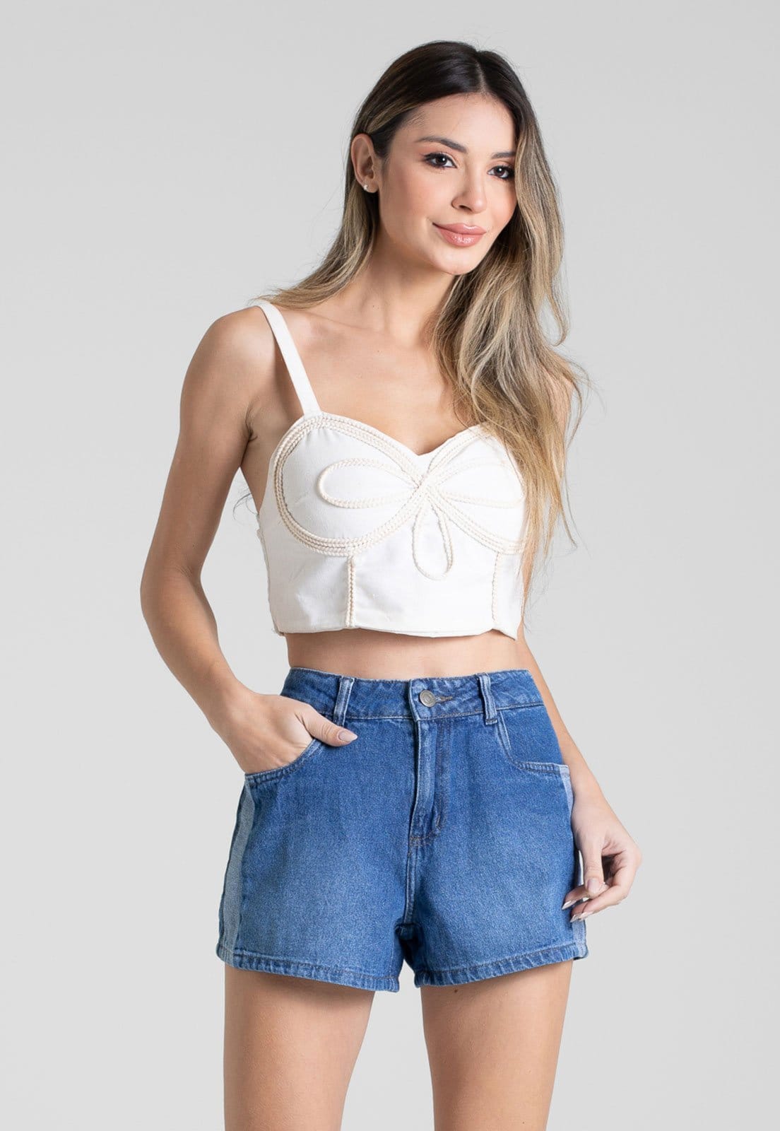 Vista 2 Shorts Feminino Sawary Jeans Cintura Alta Sawary azul