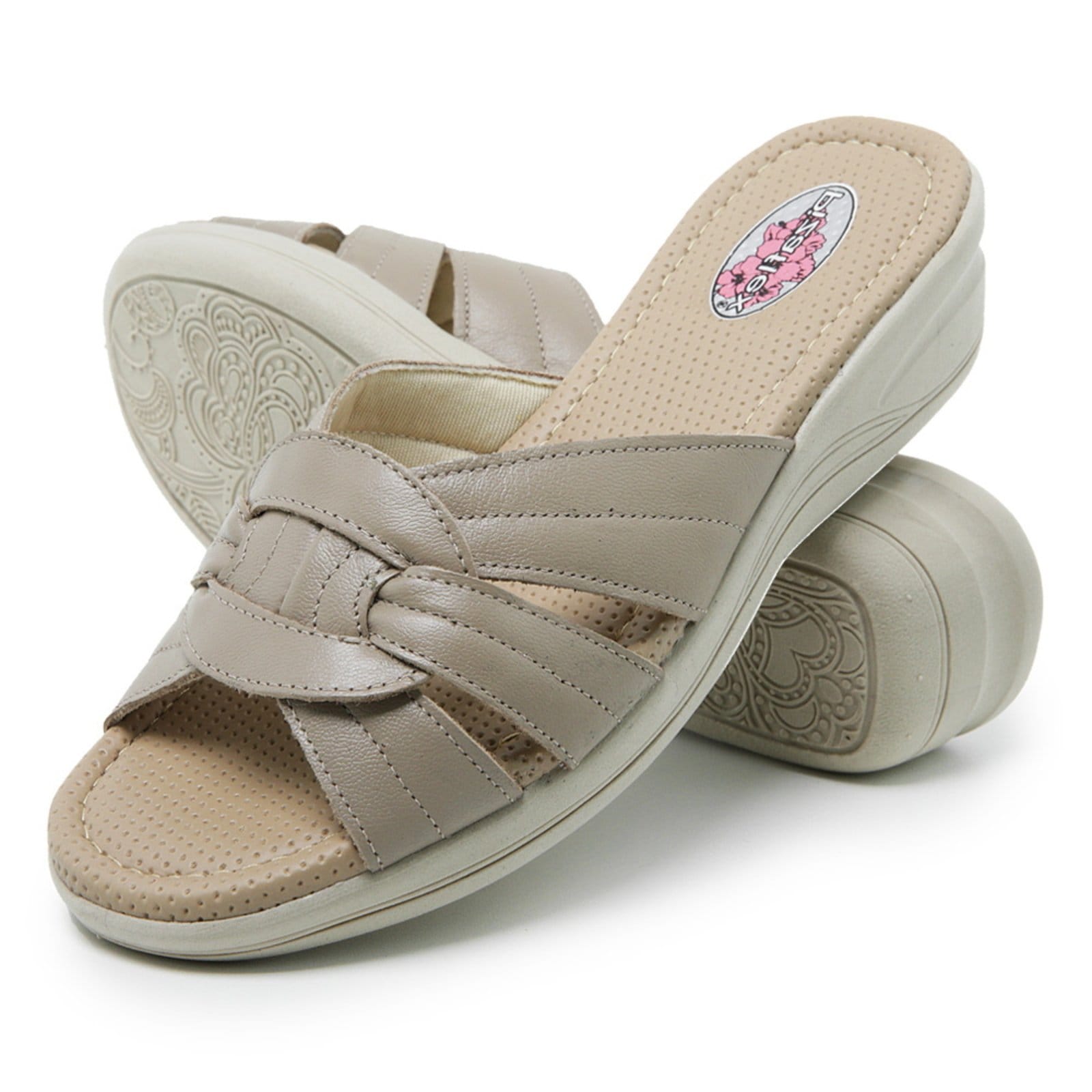 Vista 2 Sandália Conforto Tamanco Ortopédico em Couro 285 Gelo Yes Basic bege