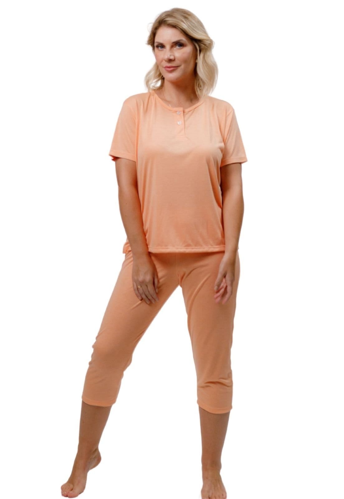 Pijama Feminino Adulto Pescador senhora Blusa com Peitilho e Calça Capri - Poliviscose