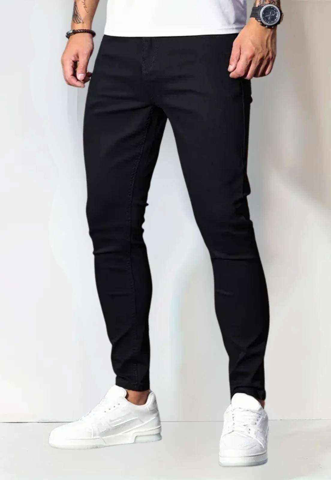 Vista 2 Kit 2 Calças Jeans Masculinas Elegantes Skinny Preta e Delavê Tecido Premium TEX JEANS branco/preto