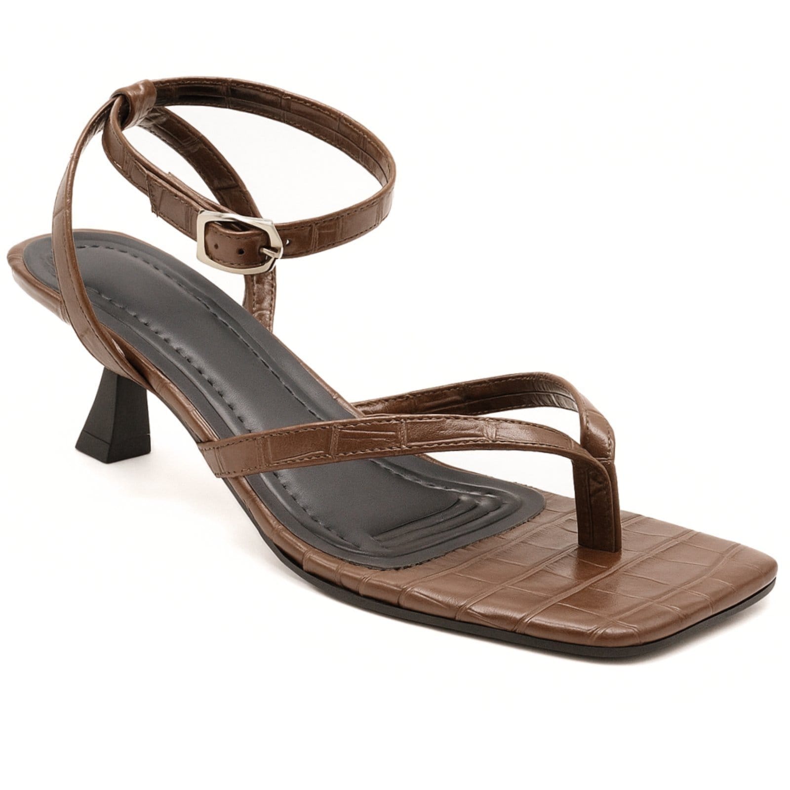 Sandáilia Feminina De Dedo Salto Baixo Fino 5412 Croco Cacau