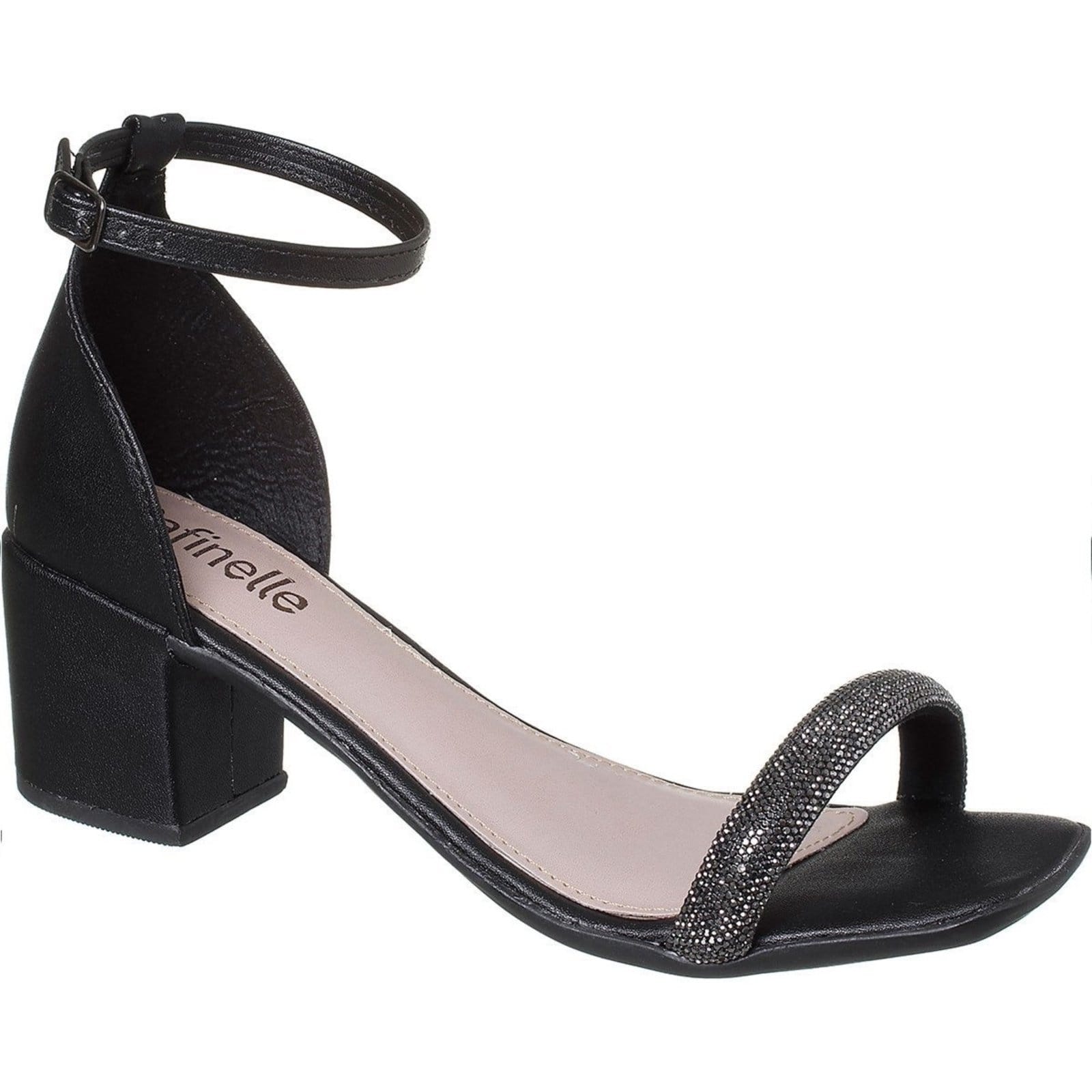 Vista 2 Sandália Em Tira Pedraria Brilhante Salto Baixo Quadrado Feminina Preta Minipasso preto