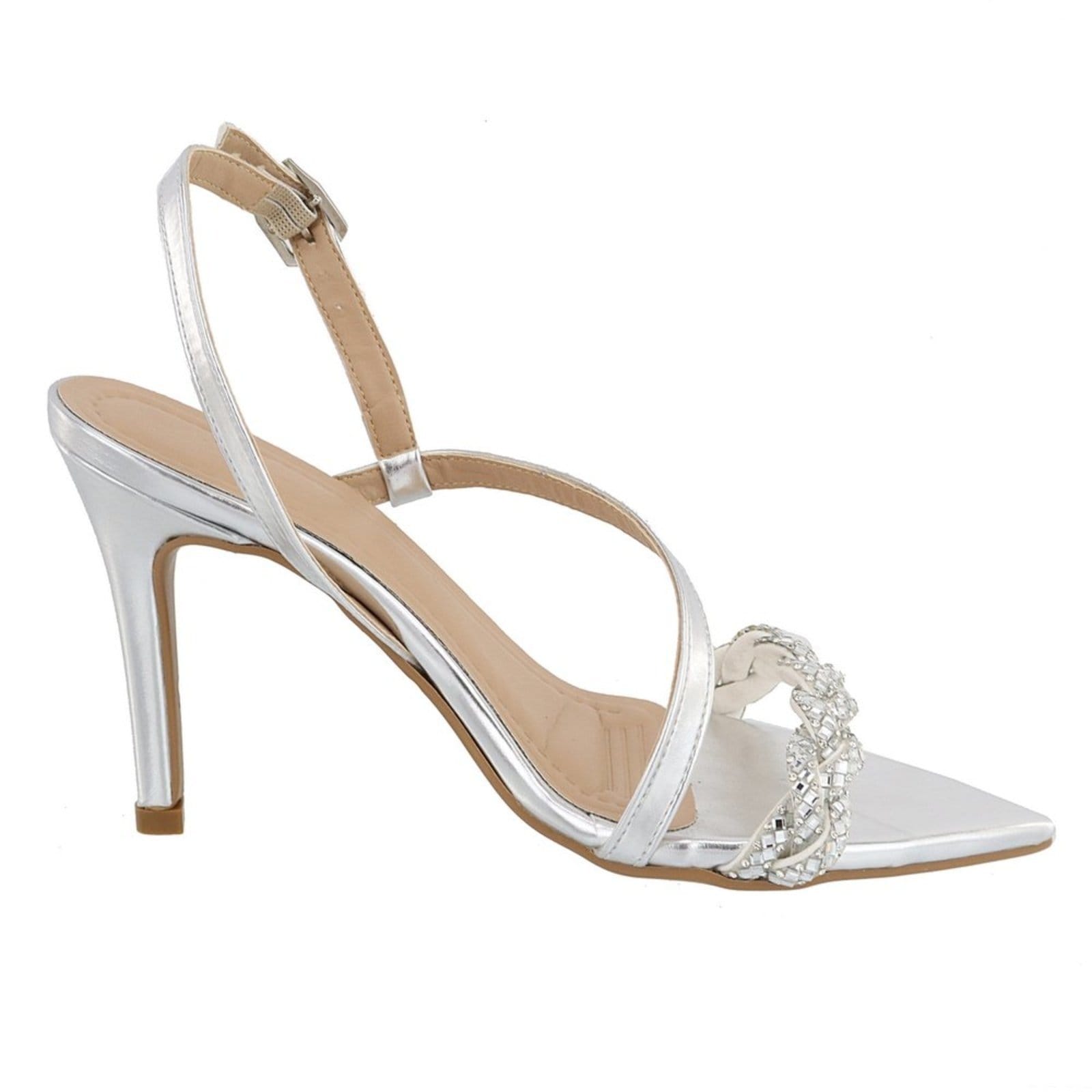 Vista 2 Sandália Feminina Bico Fino Metaliizado Com Strass 6018 Flor da Pele prata