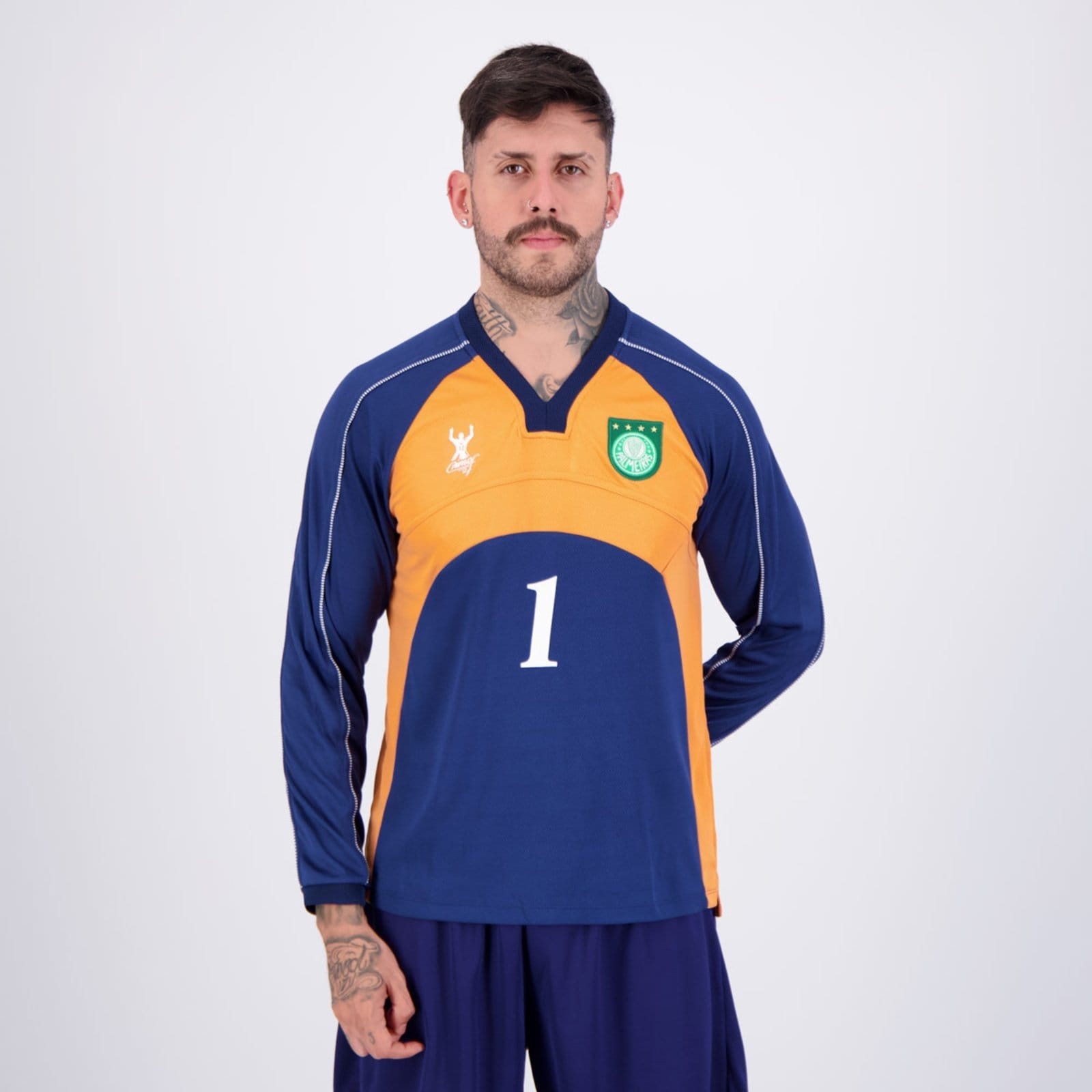Camisa Palmeiras Goleiro Retrô 2000 Manga Longa Marinho e Laranja