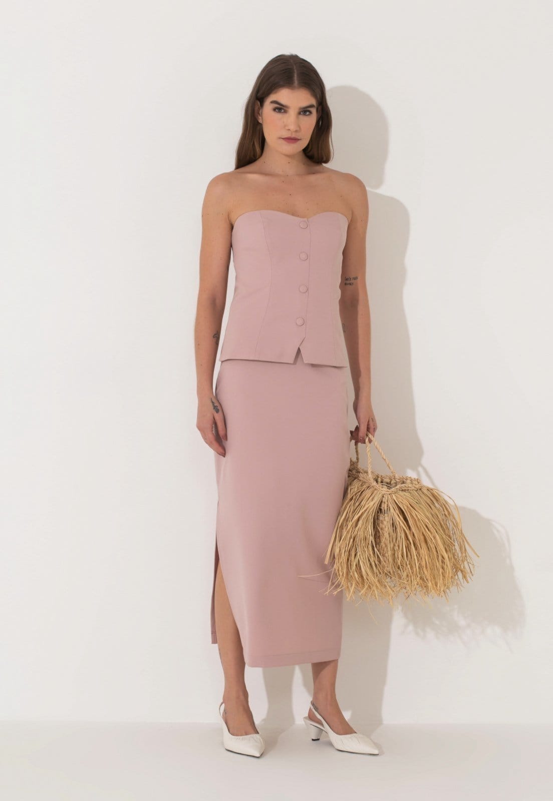 Vista 2 Saia Alfaiataria Traymon Com Fenda Rose Vintage Traymon rosê rose