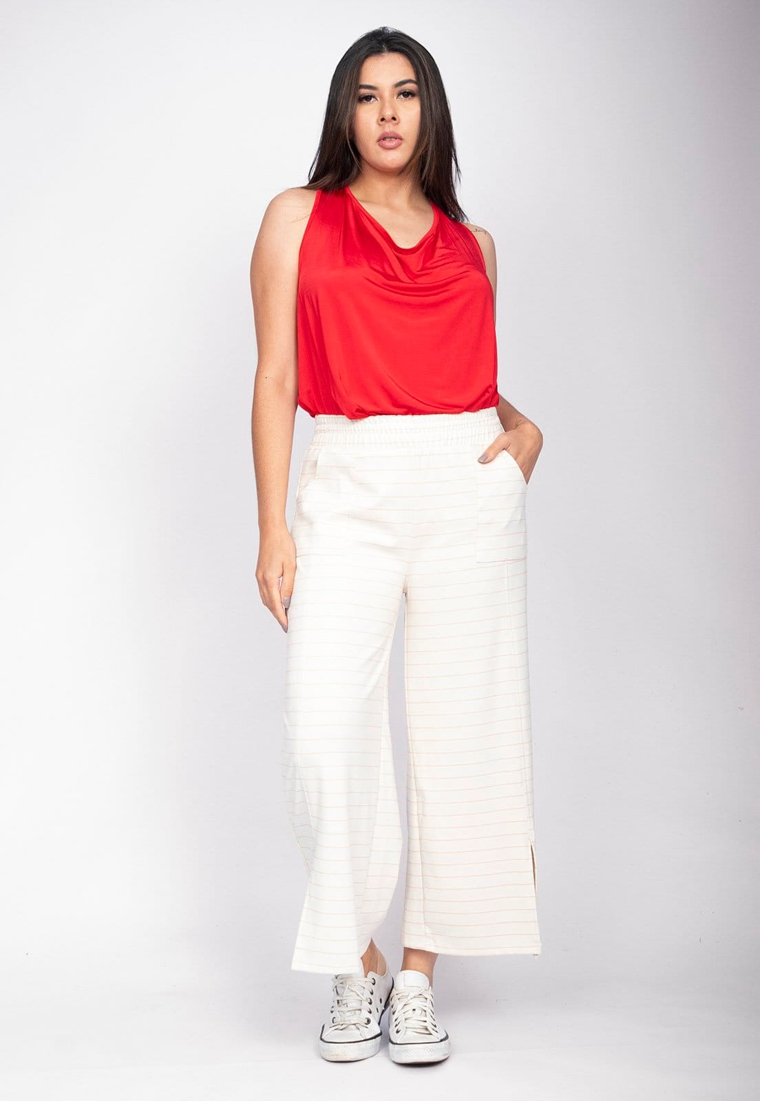 Calça Pantacourt Amazônia Vital Malha Encorpada Risca de Giz Off White - 2