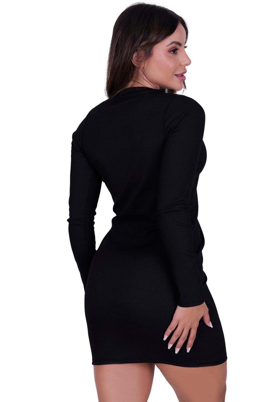 Vista 2 Kit 2 Peças Vestido Midi Malha Canelada e Bege Manga Longa St Madame Toda Casual preto