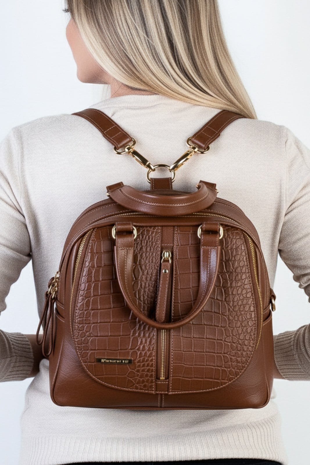 Bolsa mochila de couro croco 3 em 1 Marina - Whisky