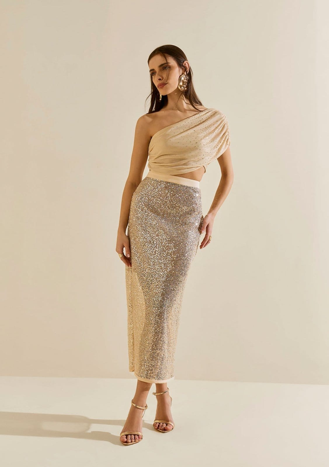 Vista principal Saia Morena Rosa Reta Alta Midi Bege Morena Rosa bege rosa