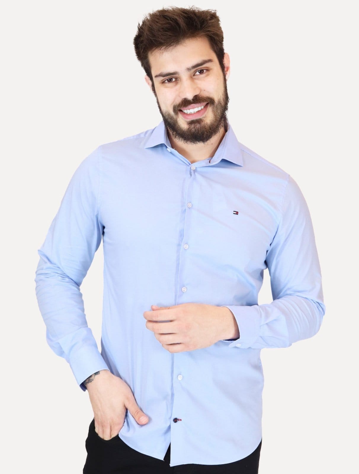 Camisa Tommy Hilfiger Masculina Slim THFlex Poplin Claro