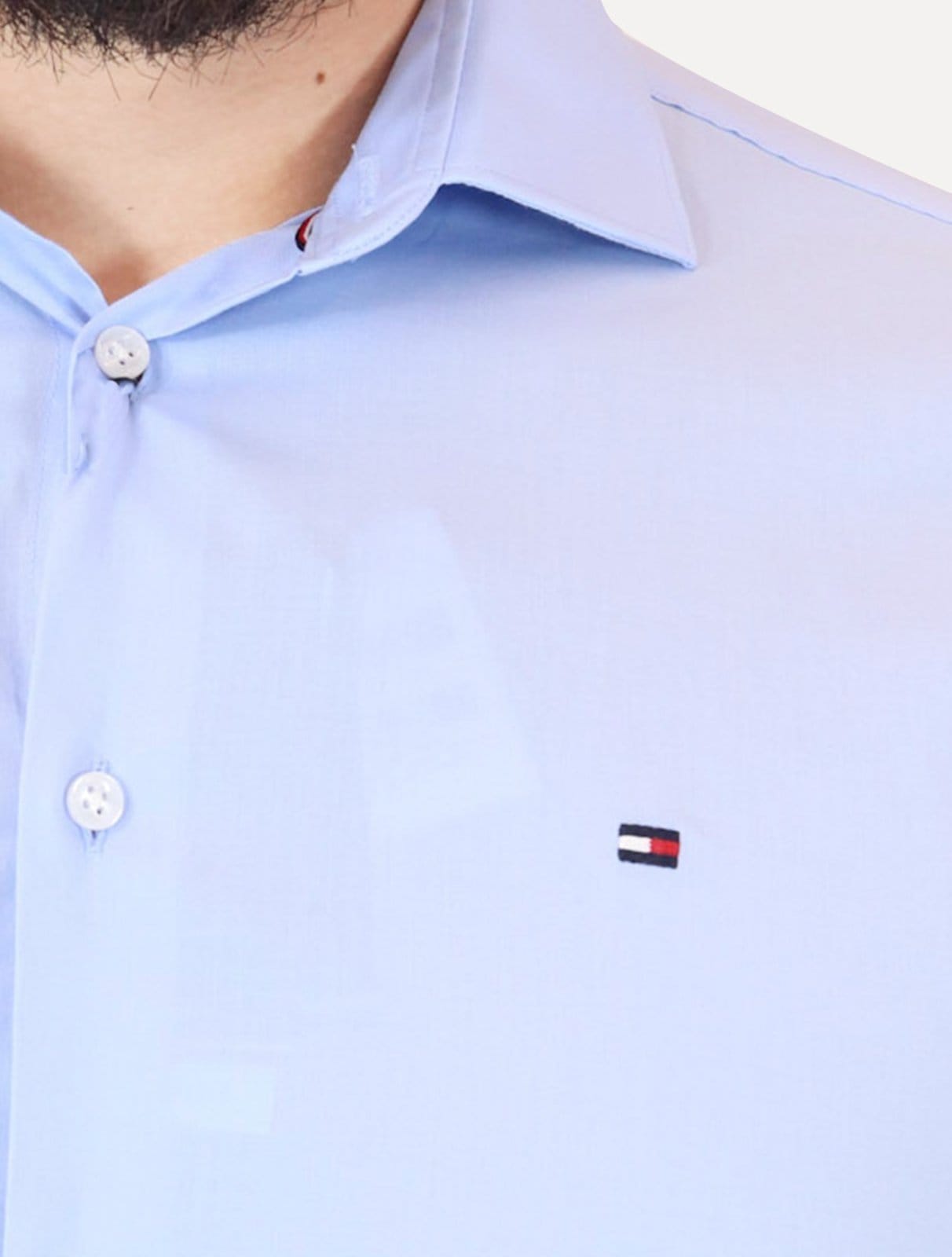 Vista 2 Camisa Tommy Hilfiger Masculina Slim THFlex Poplin Claro Tommy Hilfiger azul