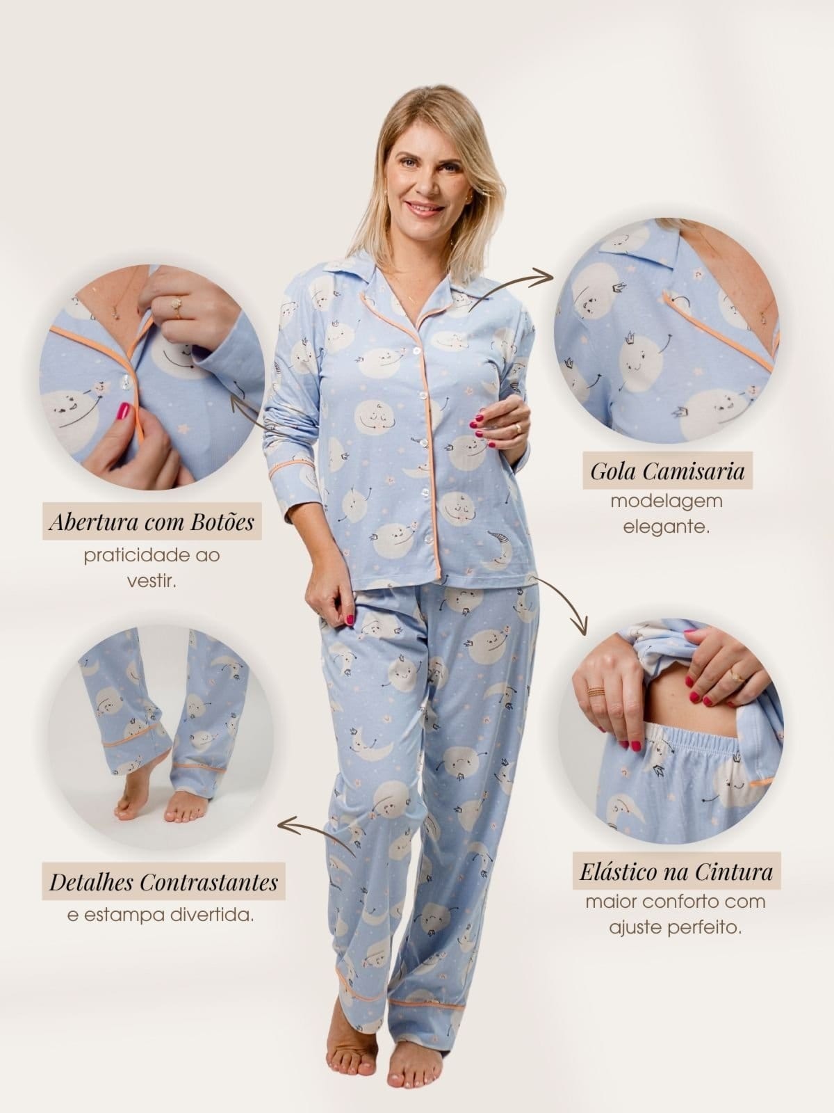 Vista 2 Pijama Algodão Americano Feminino Longo Fernanda - Lua Piante azul