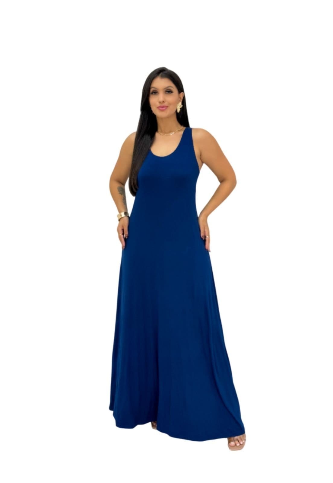 Vestido Viscolycra Maria Paes Regata Longo Marinho