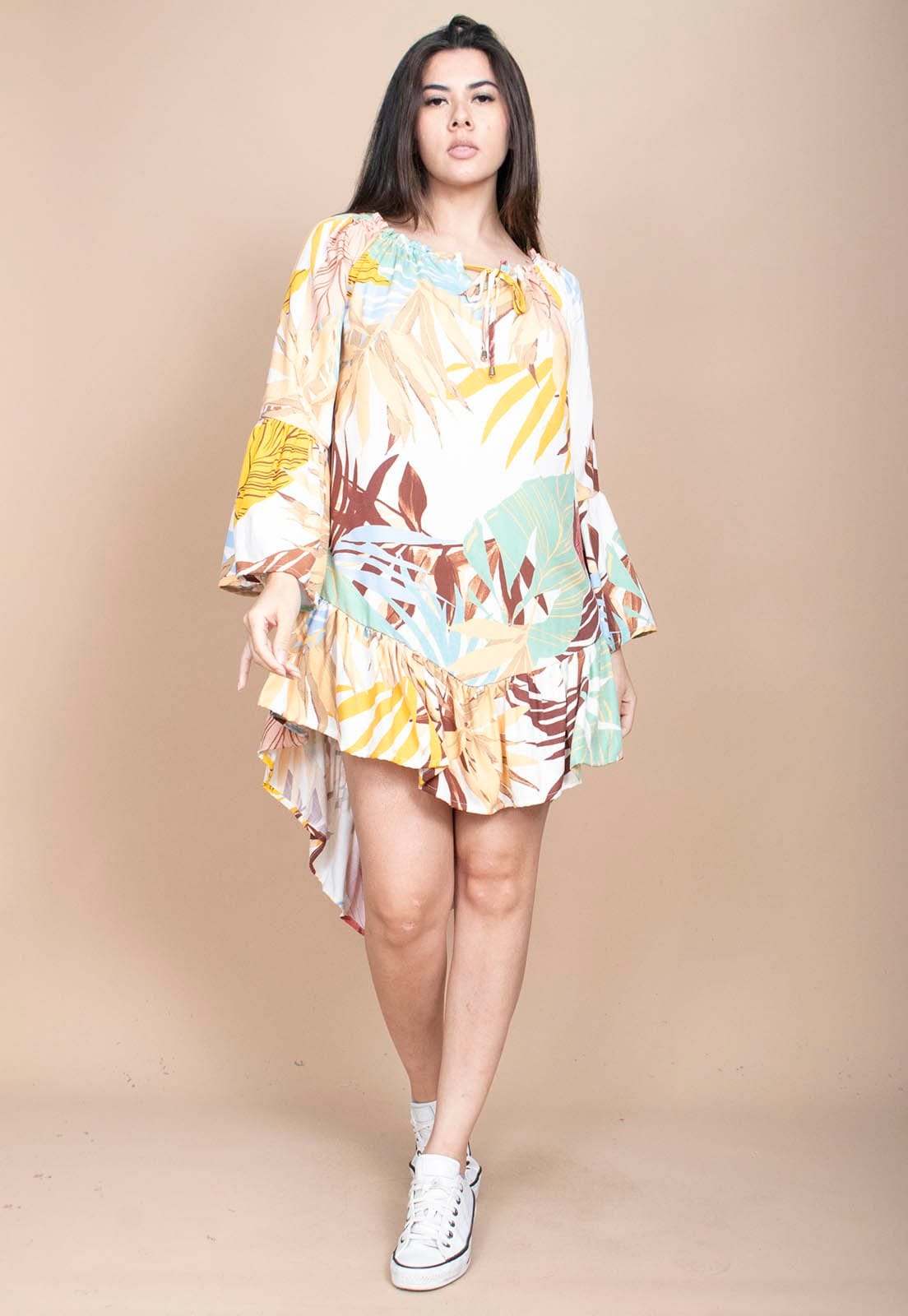 Vestido Curto Cabanafree Viscose Com Babados Estampa Aurora Suave