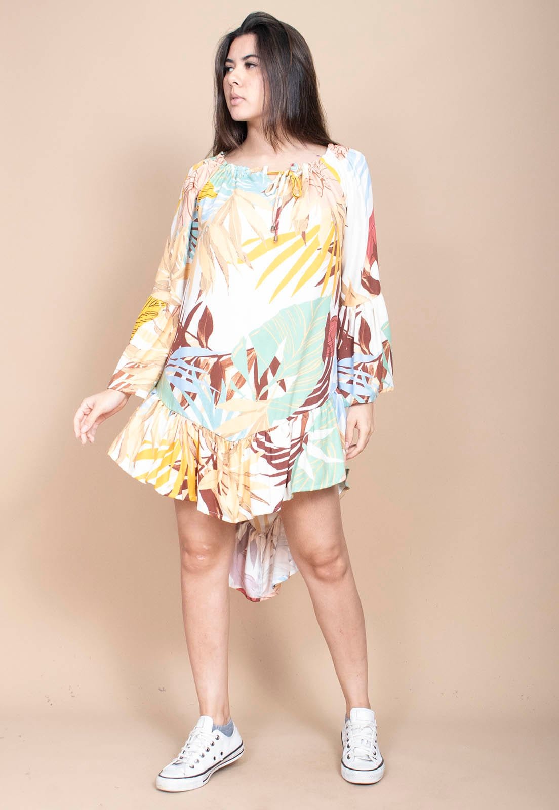 Vista 2 Vestido Curto Cabanafree Viscose Com Babados Estampa Aurora Suave Cabanafree amarelo/azul/estampado/verde