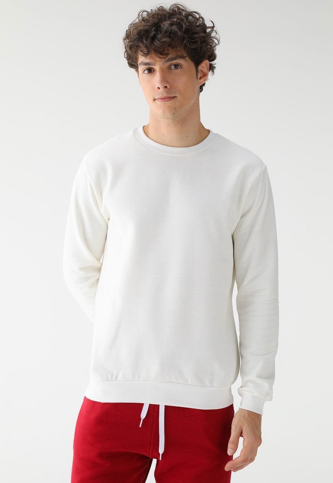 Blusa de Frio Moletom Flanelado Benellys Liso Gola Redonda Off White