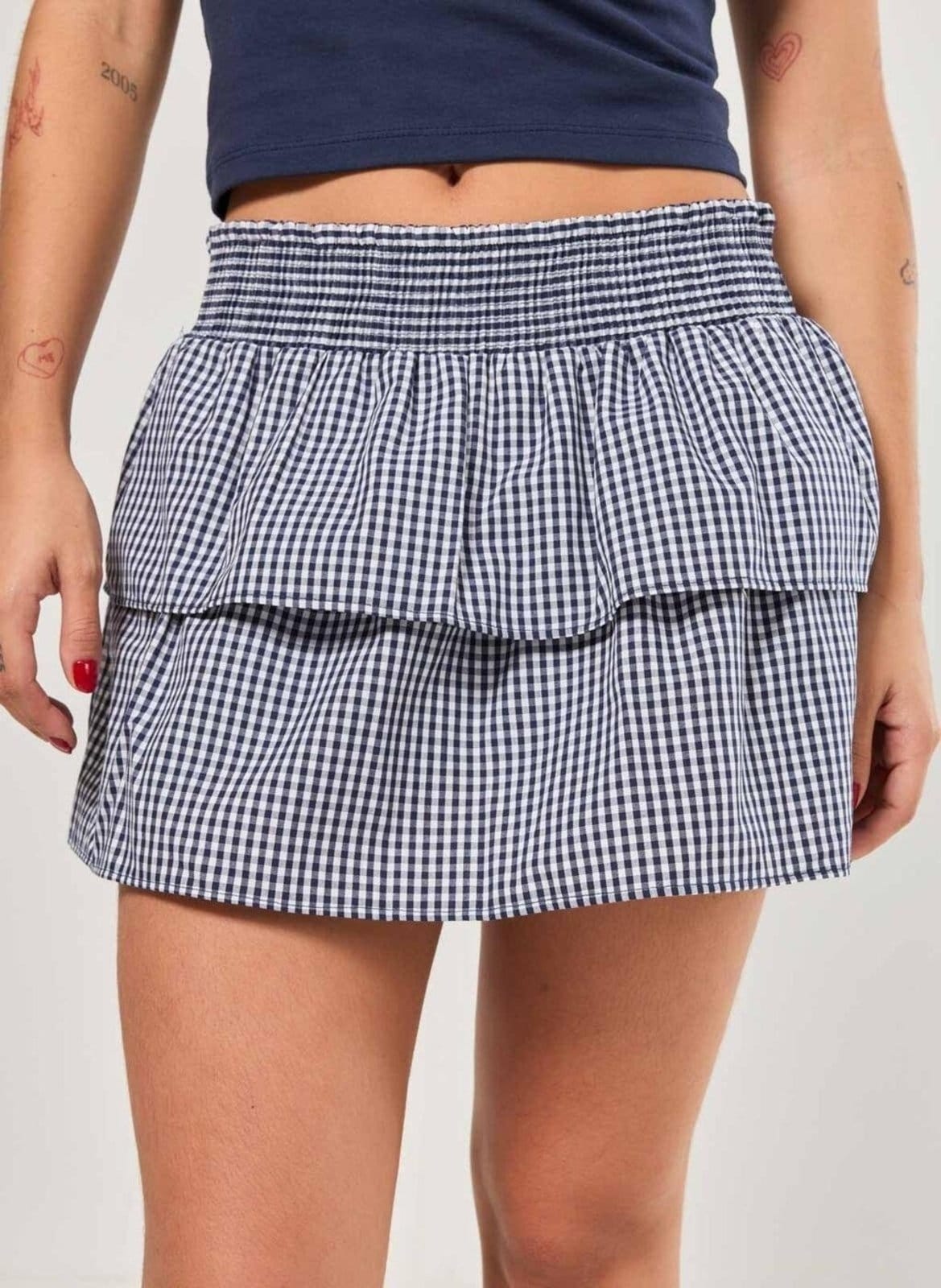 Vista 2 Saia Babados Lastex Xadrez Youcom azul