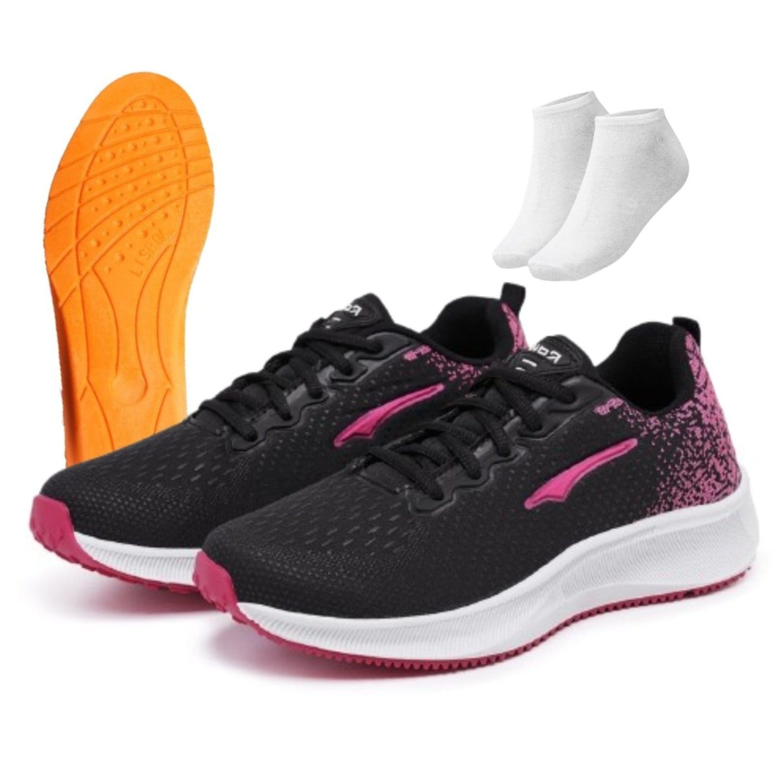 Kit Tênis Feminino Academia Casual Esportivo Macio Ortopédico Preto + Meia e Palmilha