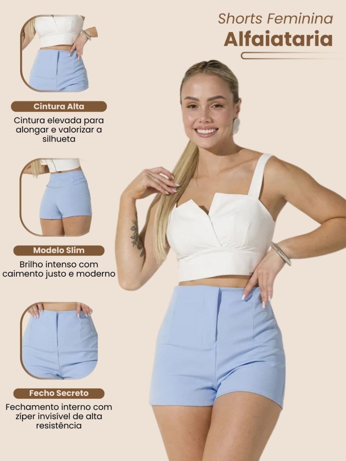 Vista 2 Shorts Feminino de Alfaitaria Social Claro Fecho Invisível Elegante Plissado Modelagem Curta Cintura Alta Estiloso Casual Sofisticado Bolsos Frontais Fecho com Botão Minimalista Vicio Fatal azul