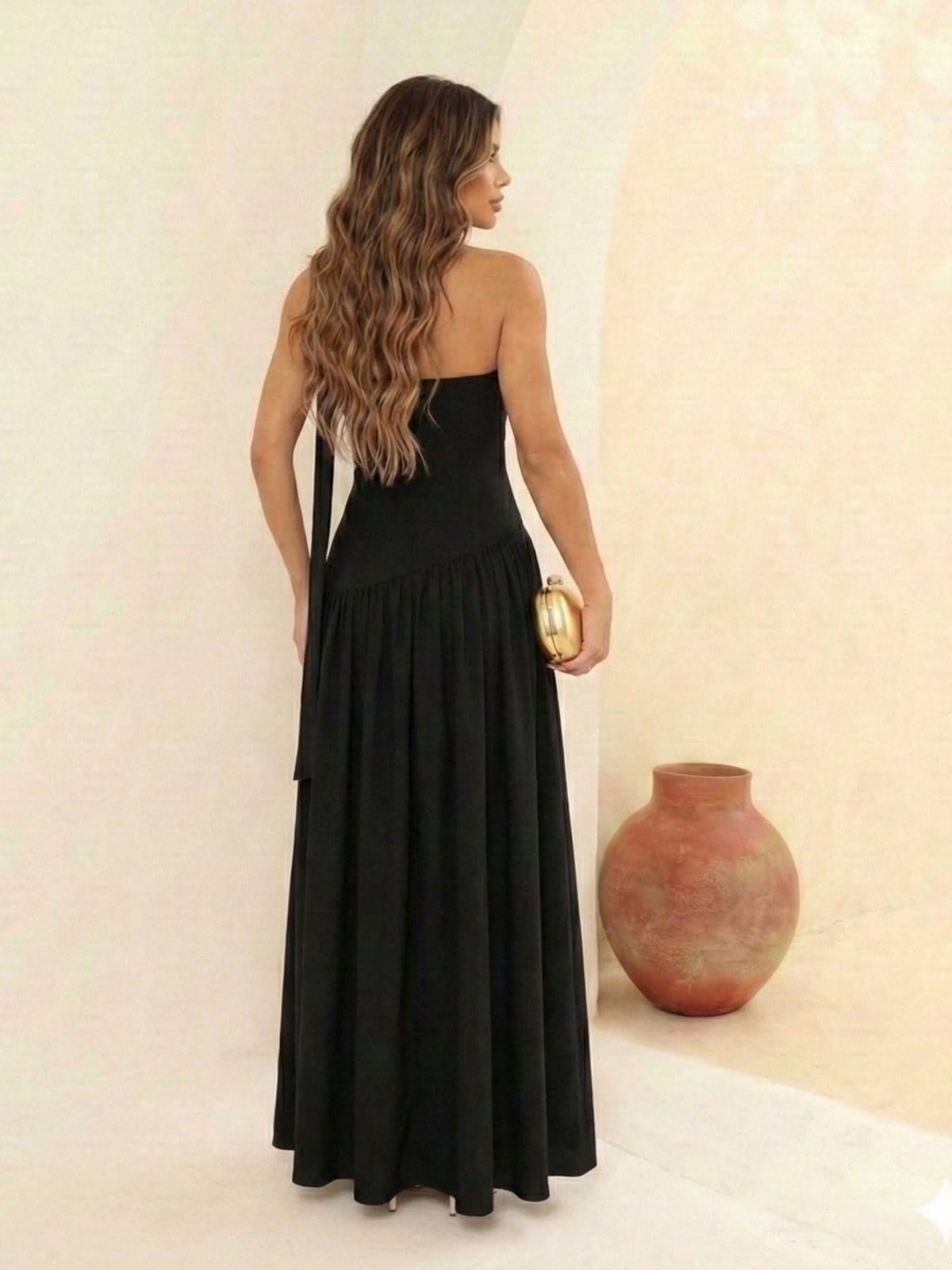 Vista 2 Vestido Maxi Feminino Elegante Tomara Que Caia Com Echarpe No Pescoço E Saia Fluida Cintura Assimentrica FS CONCEPT preto