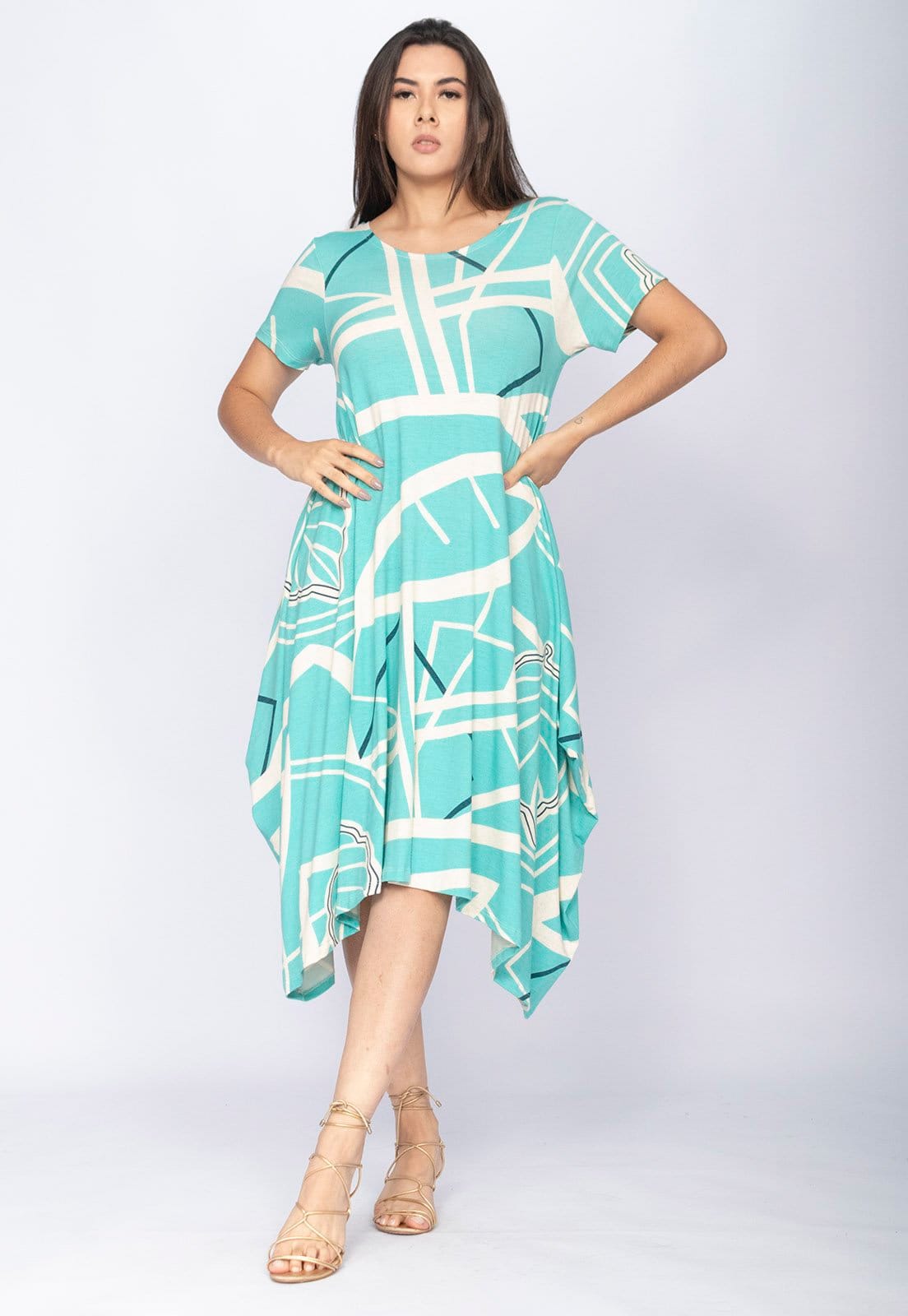 Vista 2 Vestido CabanaFree Saruel Malha Manga Curta Estampa Aqua Flora Cabanafree azul/estampado aqua