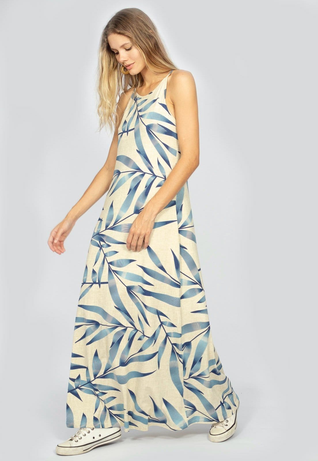 Vista 2 Vestido Longo Amazonia Vital Malha Trapézio Bambu l Amazonia Vital azul/estampado/azul