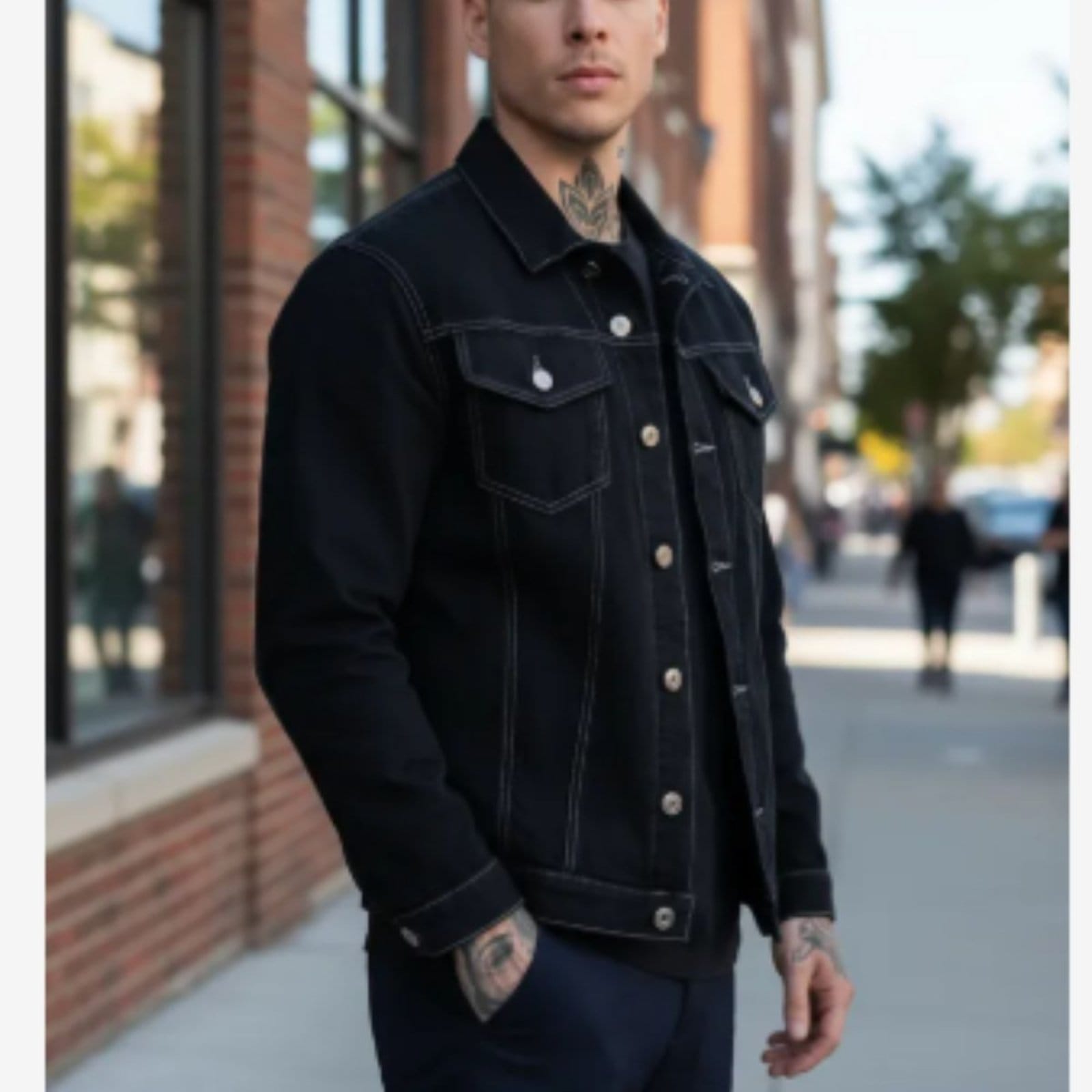 Vista 2 Jaqueta Masculina Jeans Light Preta com Linha Branca JEANS LIGHT preto