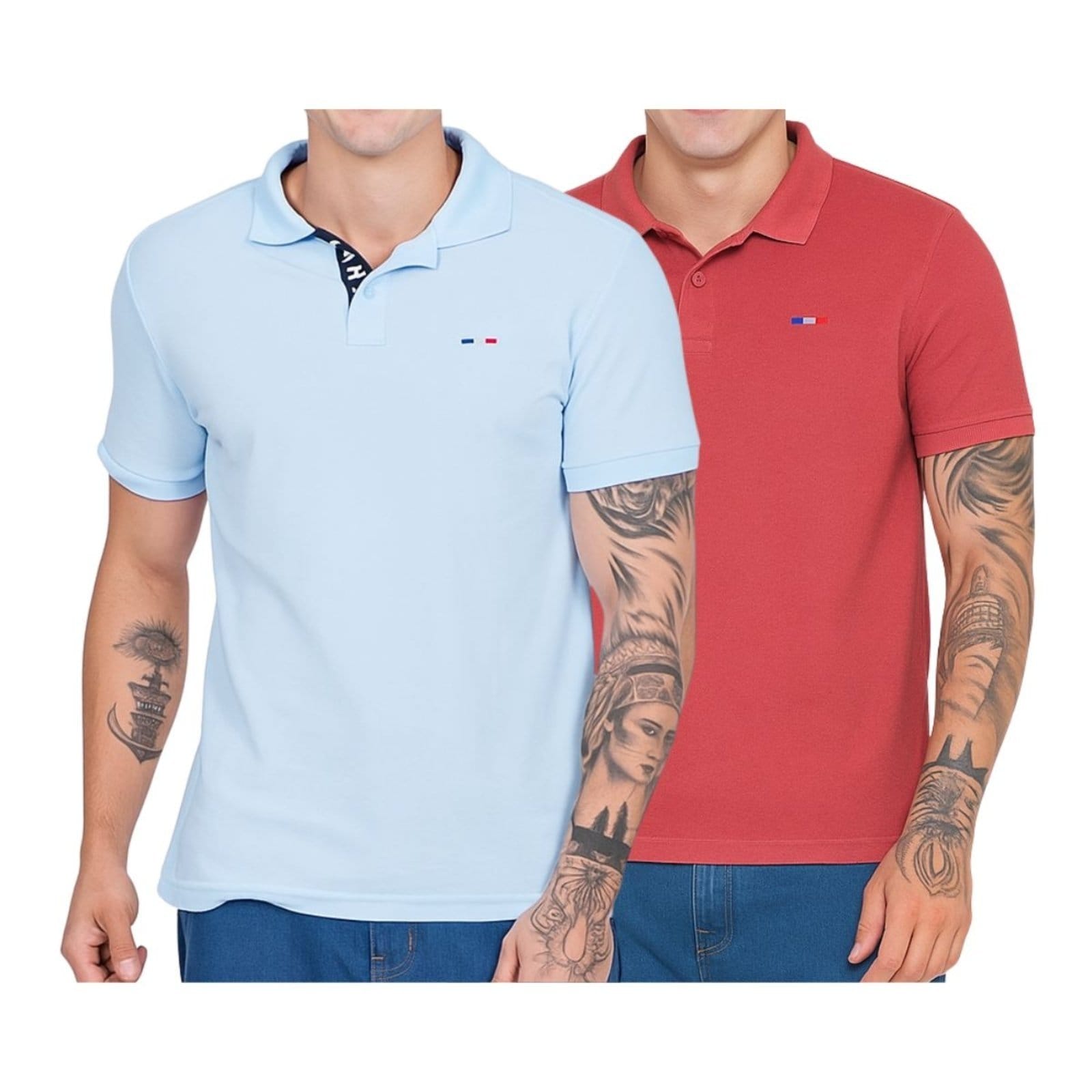 Kit 2 Polos Masculina Básicas FMF Azul e Coral Piquet no Estilo Tommy Bordado França
