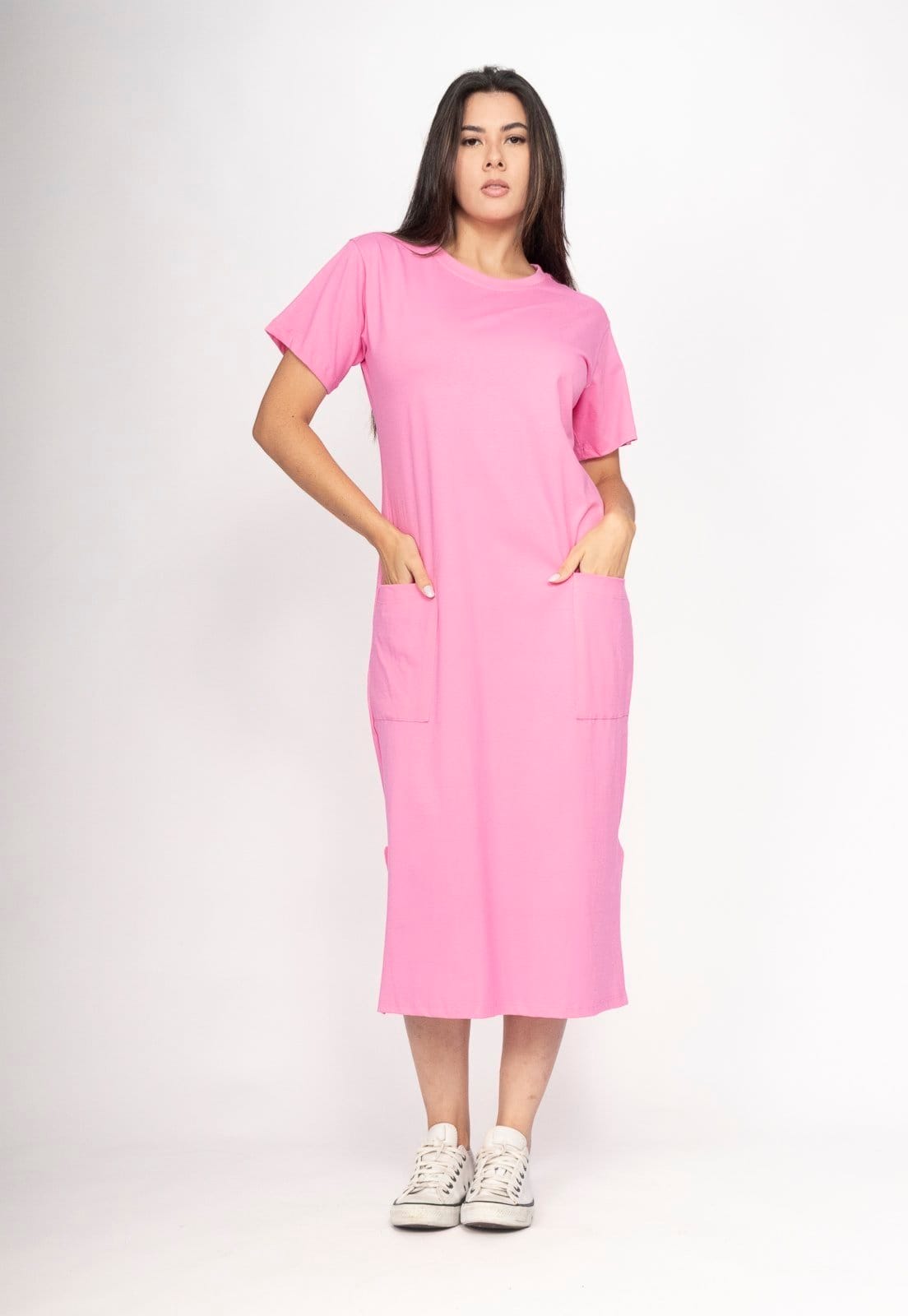 Vista 2 Vestido CabanaFree Midi Algodão Manga Curta 02 Bolsos Vitória-Régia Cabanafree rosa