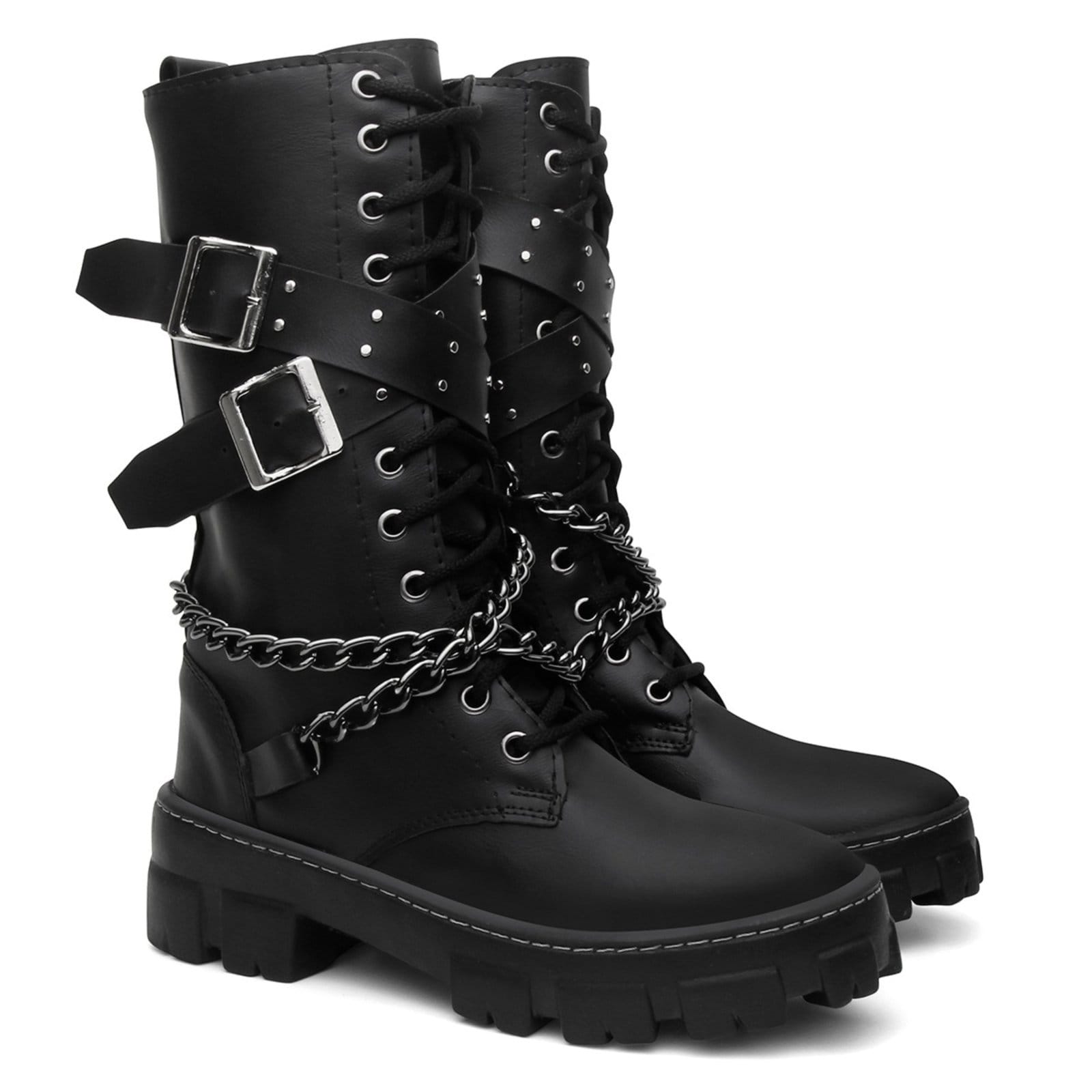 Bota Coturno Feminino Veritimo Casual Cano Alto Tratorado Correntes Rock Versátil