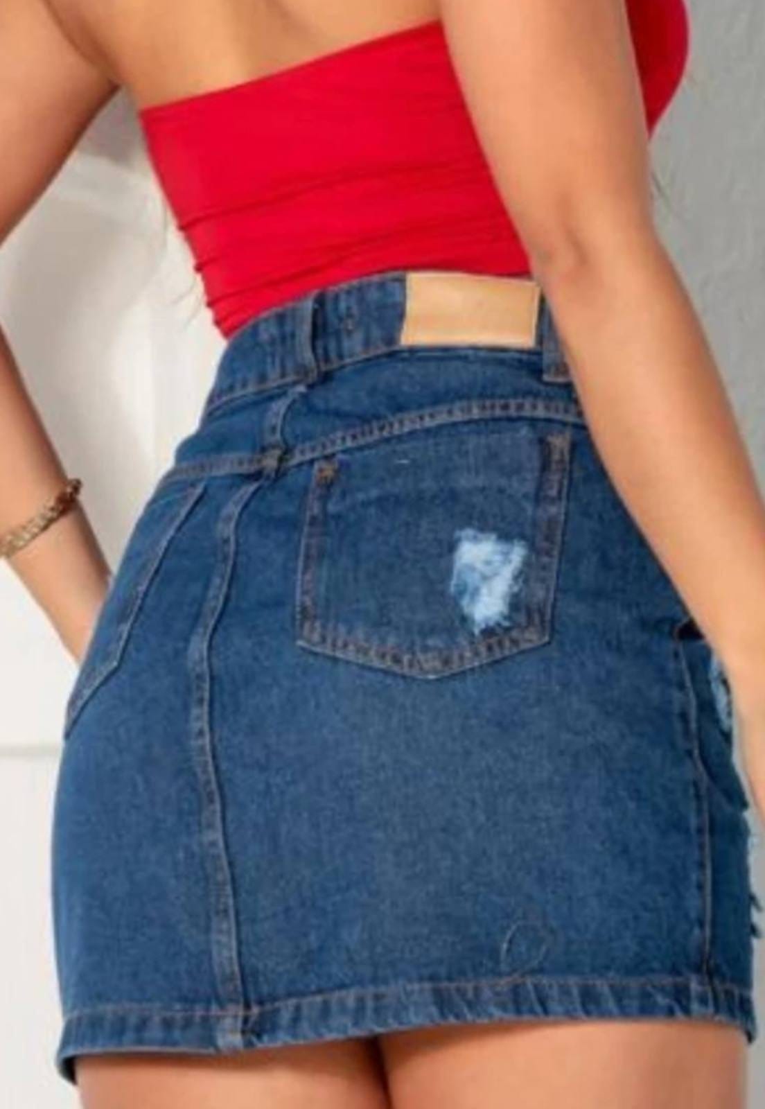Vista 2 Saia Destroyed com Lavagem Moderna Estilo Despojado e Fashion KOVALI FASHION STORE azul/jeans
